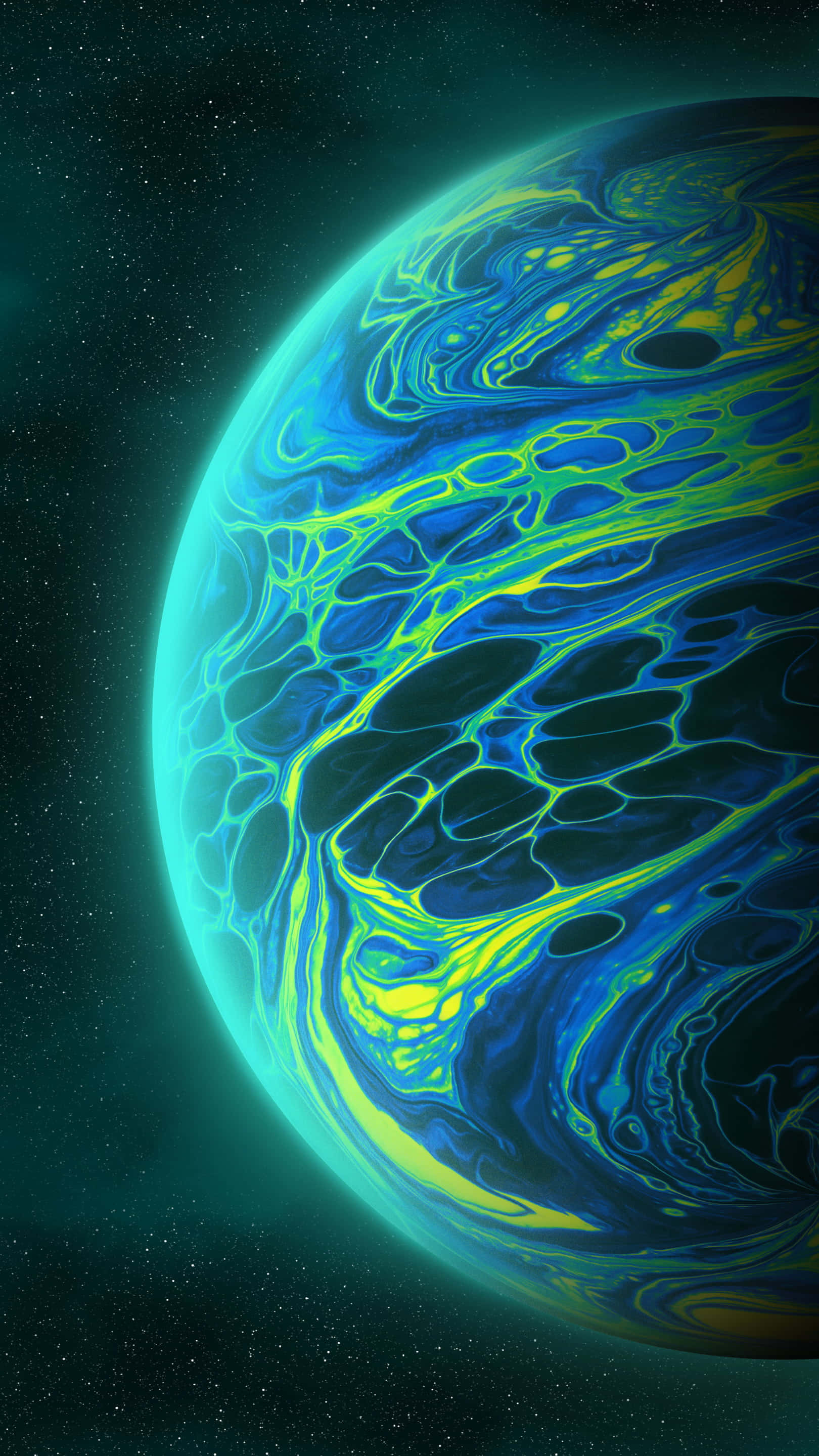 Neon Galaxy 桌布 壁紙 — 一顆充滿活力的藍色和霓虹黃色旋轉行星漂浮在星光宇宙虛空中，帶有發光的大氣圖案。