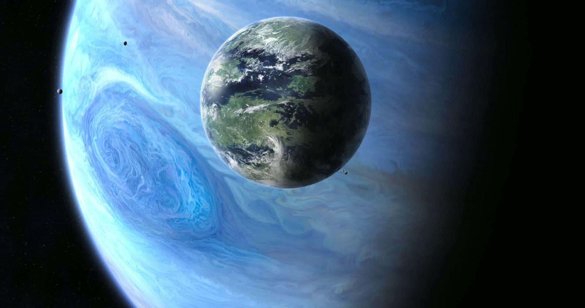 Neptune 桌布 壁紙 — 一顆充滿活力的藍色氣體巨星，帶有旋轉的雲層，在深空中聳立在一顆詳細的地球-like行星後面。