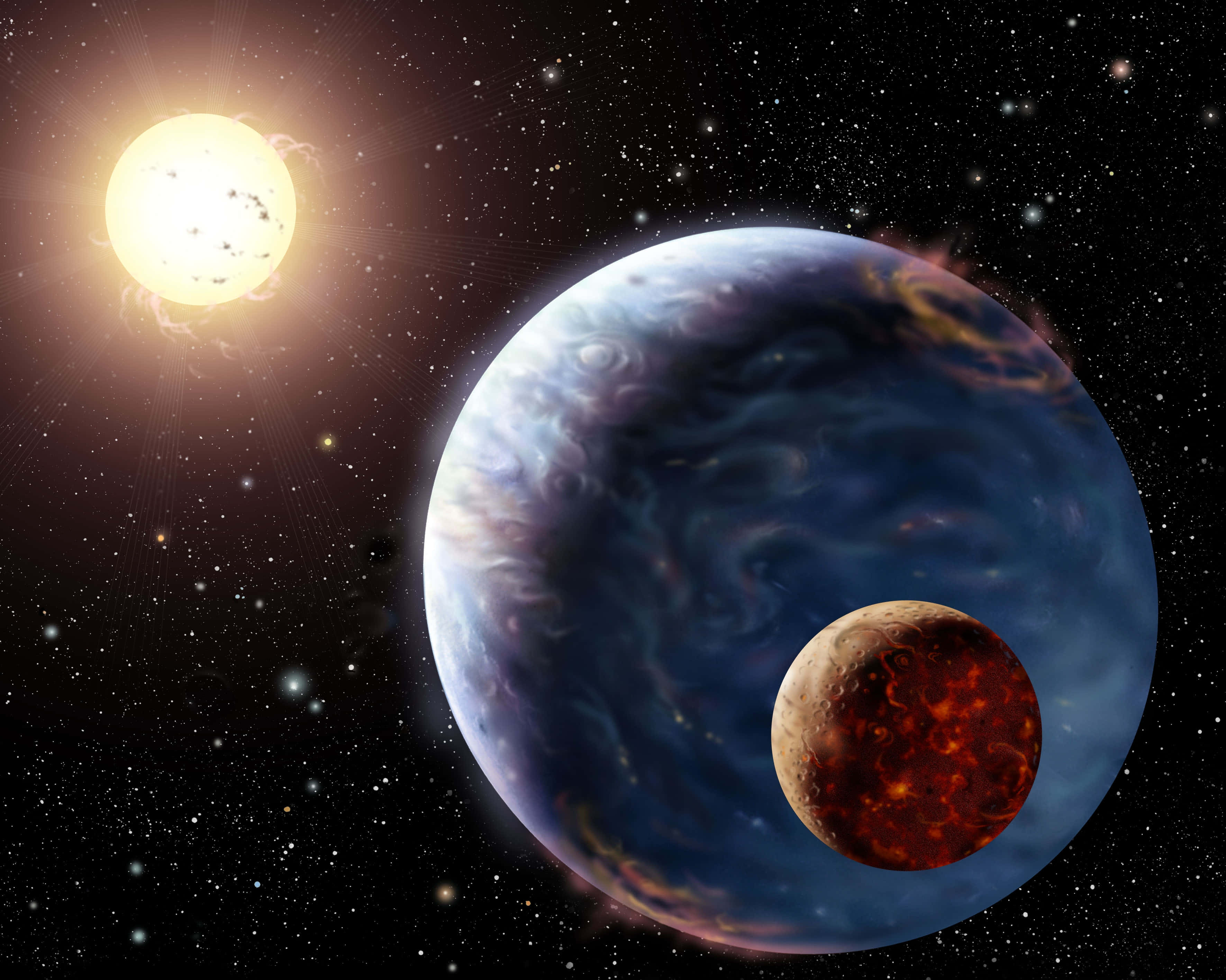 行星動畫 桌布 壁紙 — 一顆充滿活力的藍色氣體巨星，帶有旋轉風暴，繞著一顆明亮的黃色恆星運行，旁邊還有一顆火紅的月亮，在滿是星辰的宇宙中。