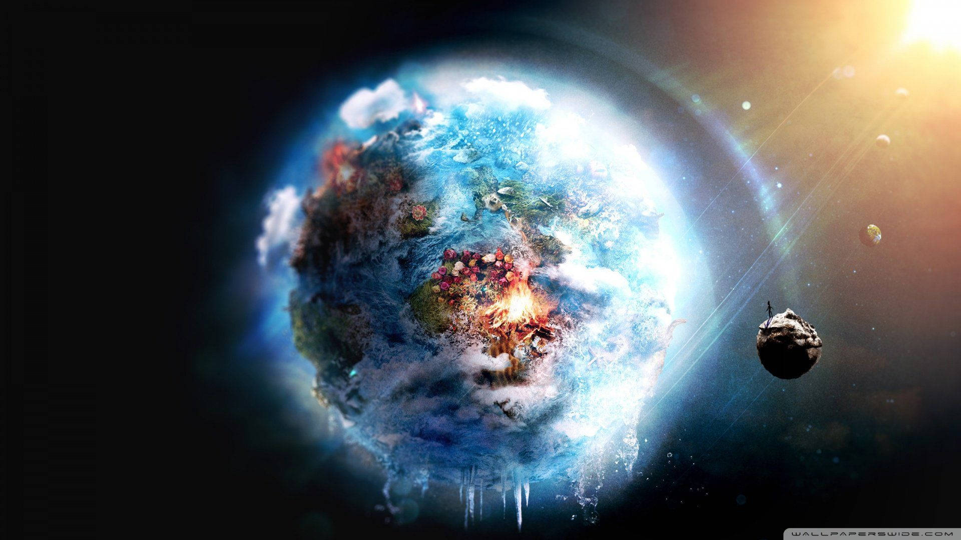 地球 桌布 壁紙 — 一顆充滿活力的藍色行星，帶有熾熱的爆炸和冰冷的觸手，圍繞著明亮的太陽運行，同時一顆小行星在附近的深空中漂流。