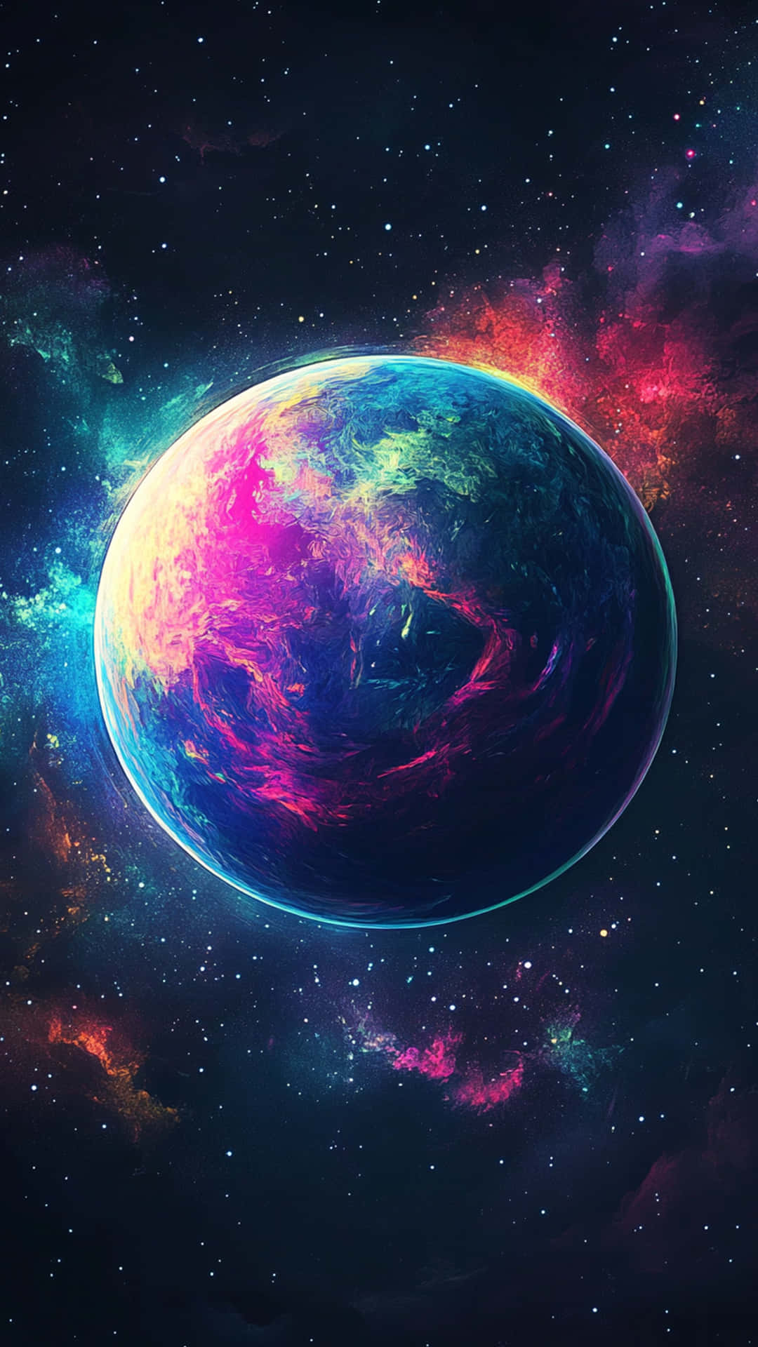 Solar galaxy with blue background 壁紙 — 一顆充滿活力的行星，帶有旋轉的粉紅色、藍色和黃色雲彩，漂浮在星光燦爛的宇宙星雲中，周圍有發光的紅色和藍綠色雲彩。