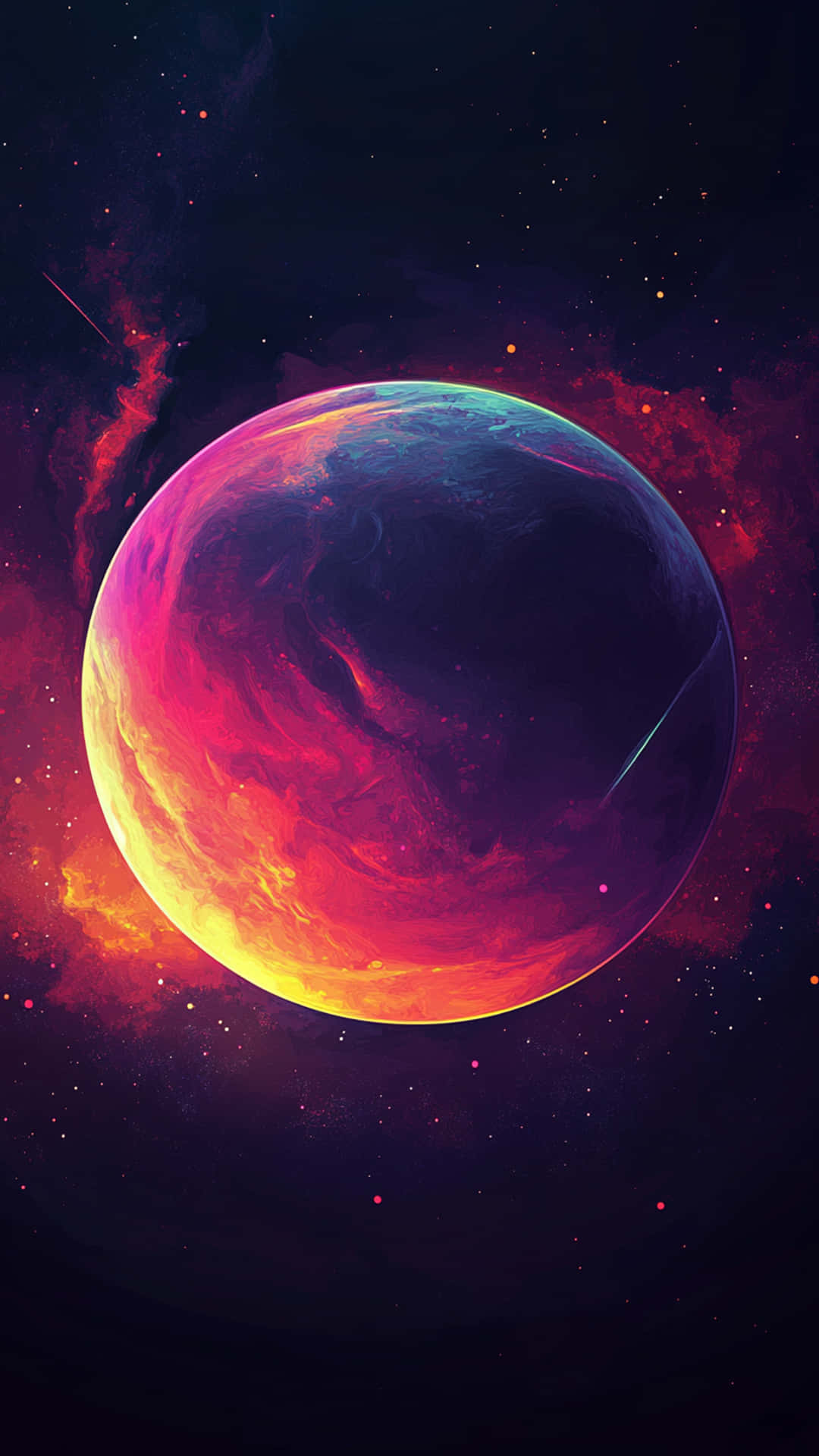 Galaxy with black and light background 壁紙 — 一顆充滿活力的行星，帶有旋轉的紅色、橙色和藍色色調，在星空的宇宙背景中閃耀，並有星雲。