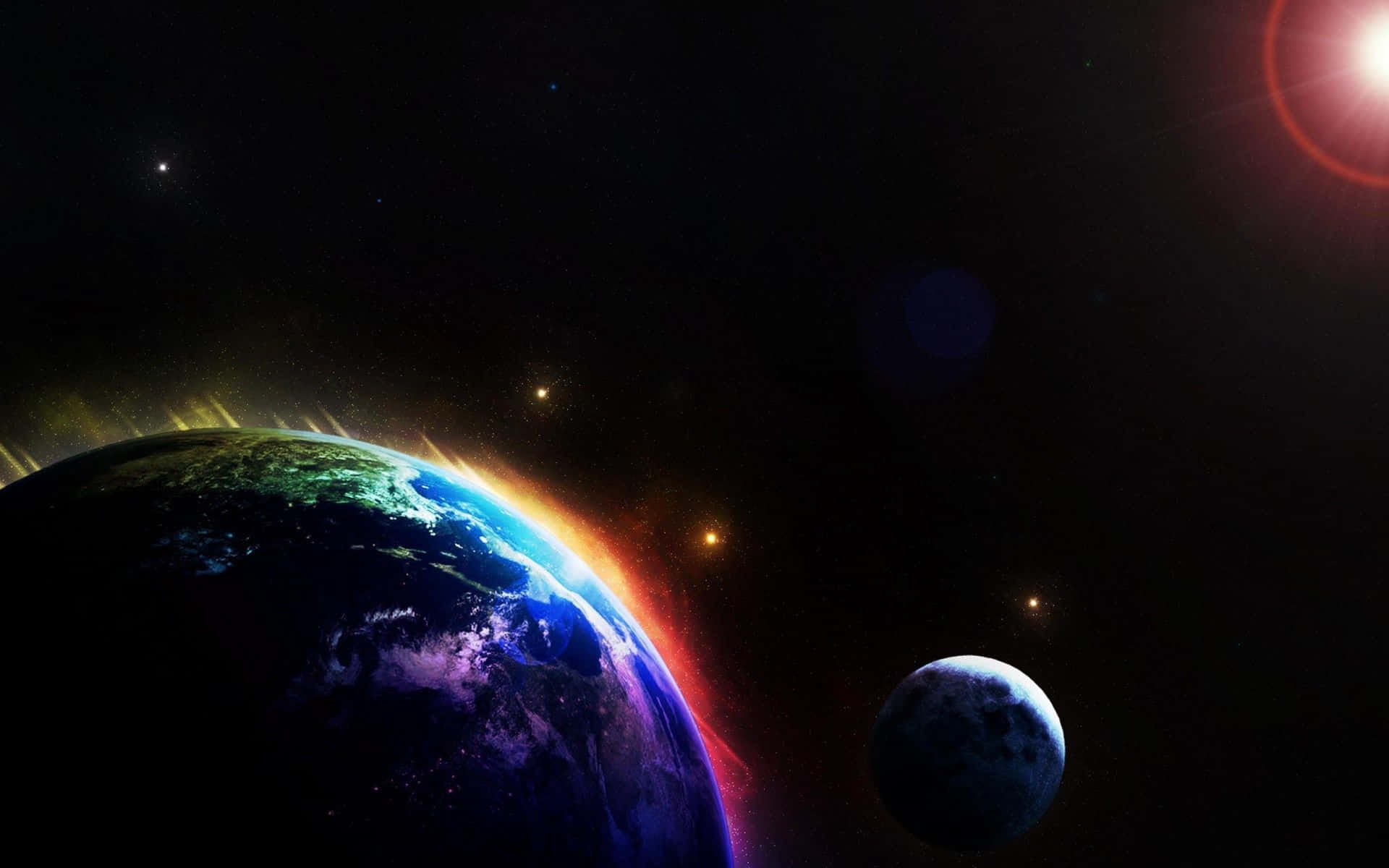 月亮與星星 桌布 壁紙 — 一顆充滿活力的行星，帶有發光的大氣帶，在繁星點點的宇宙背景下，靠近一顆較小的衛星，環繞著一顆光芒四射的太陽運行。