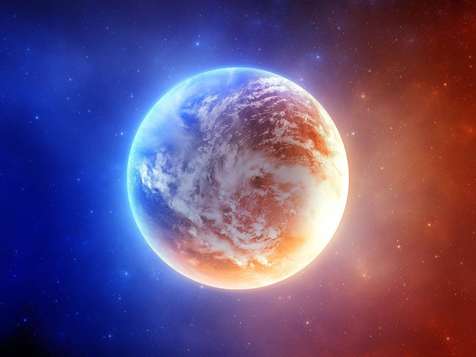 行星動畫 桌布 壁紙 — 一顆充滿活力的行星帶有旋轉的雲層，在點綴著星星的藍色和火紅色星雲的宇宙背景下發光。