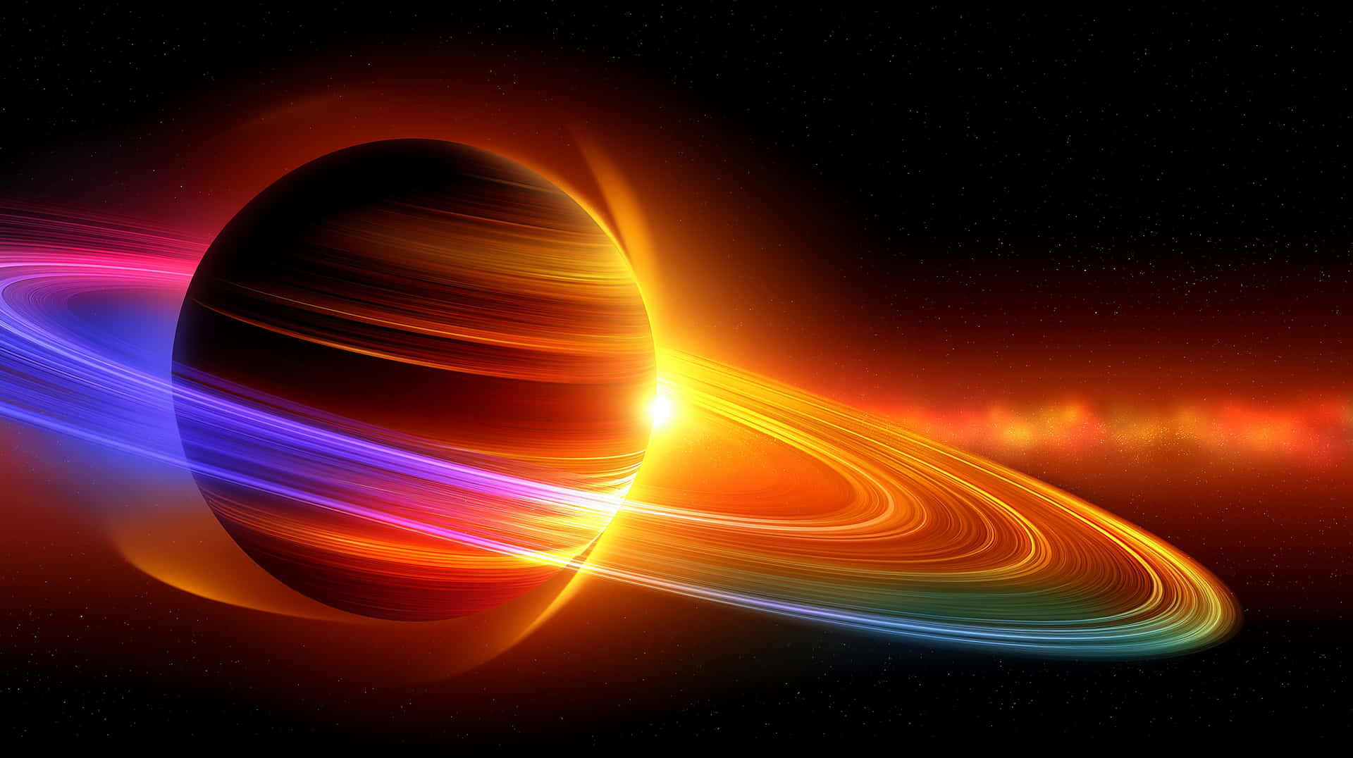 Vibrant Saturn with Aurora Rings 壁紙 — 一顆充滿活力的行星帶有發光的多色環，在繁星點點的黑色虛空中運行，伴隨著耀眼的光線條紋。