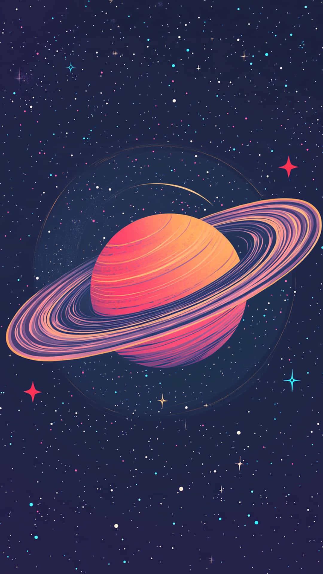 Plant Galaxy with star background 壁紙 — 一顆充滿活力的風格化行星，帶有發光的橙粉紅色環，在五彩繽紛的閃爍星群中運行。