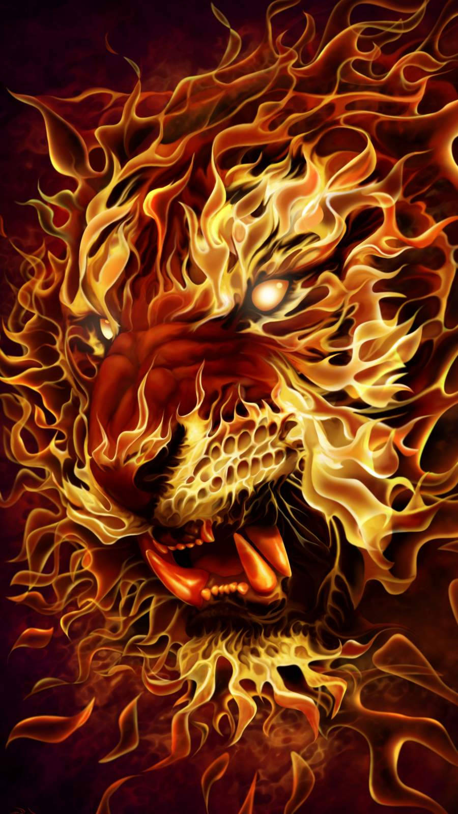 Lion Face 桌布 壁紙 — 一顆兇猛的獅頭被鮮豔的橙色和黃色火焰包圍，背景為深紅色。