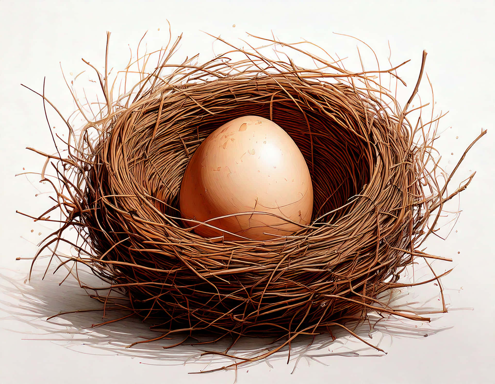 Art of an egg in a nest 壁紙 — 一顆光滑的棕色雞蛋居中放置在一個由乾樹枝編織而成的鄉村風格巢穴中，背景為純白色。