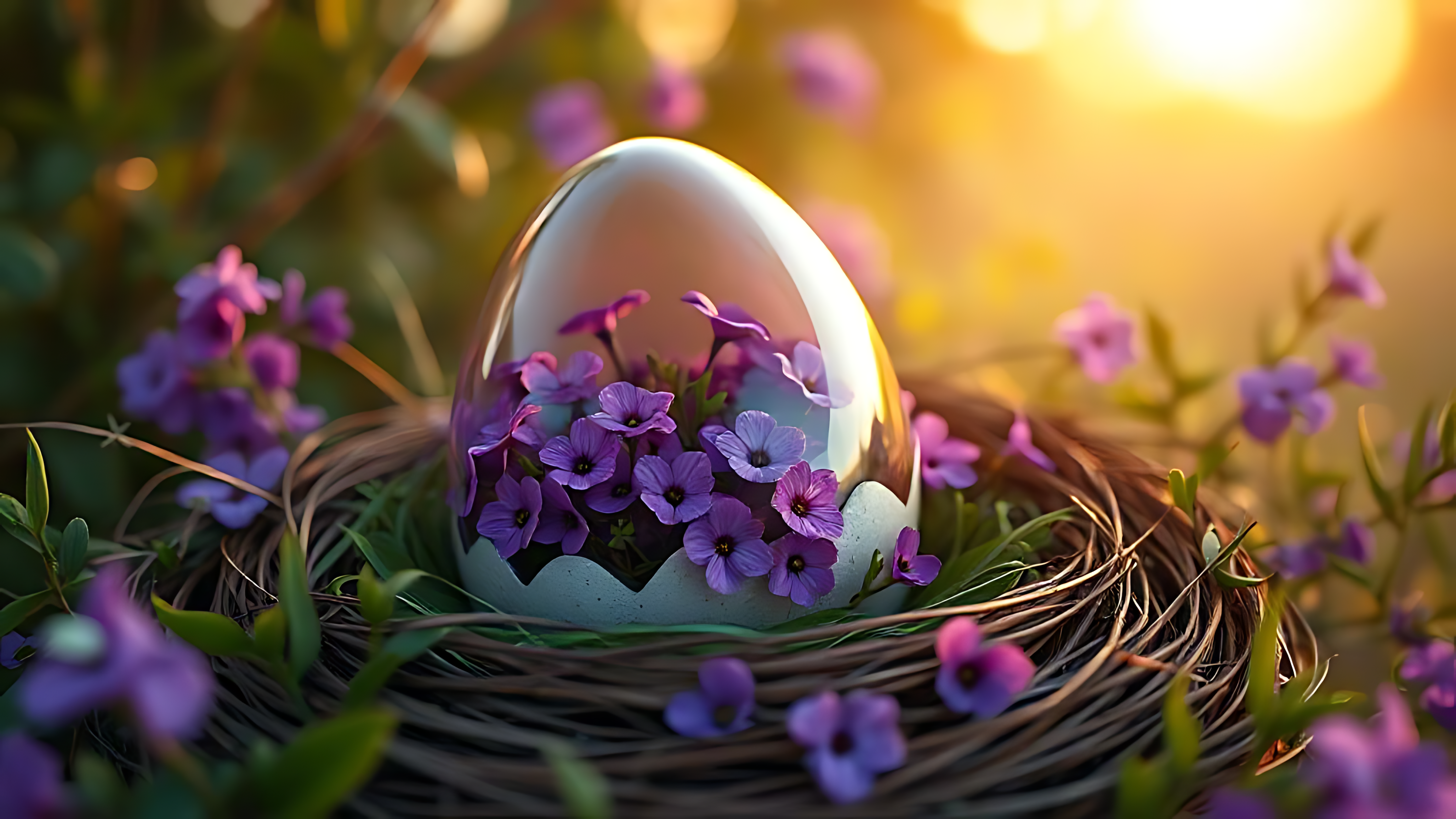 Egg 桌布 壁紙 — 一顆光滑的白蛋安放在編織的巢中，懷抱著在金色夕陽光下閃耀的鮮豔紫色花朵。