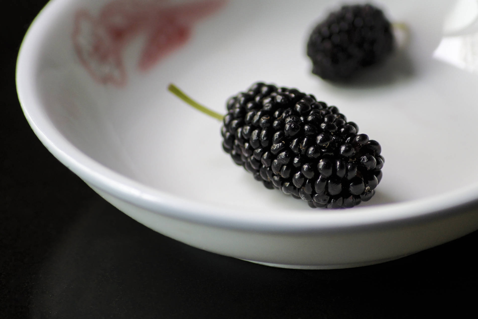 Berry 桌布 壁紙 — 一顆光澤的黑桑葚放在一個帶有紅色花卉圖案的白色陶瓷碗中，背景為深色。