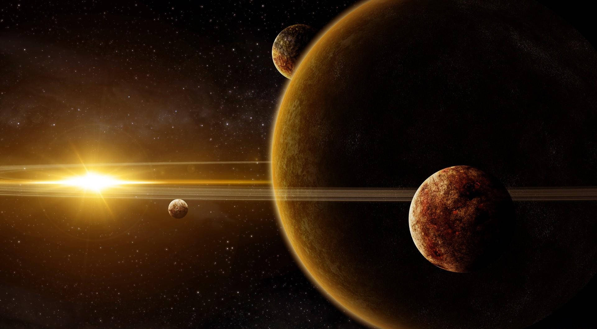 三顆行星圍繞一顆明亮的太陽運行，背景星空璀璨。 — 行星動畫 壁紙