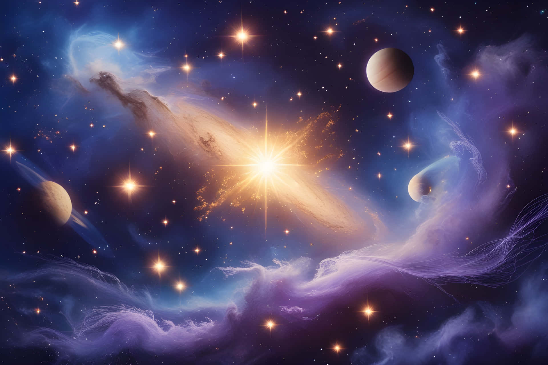 The incredible Galaxy planet 壁紙 — 一顆光芒四射的恆星爆發照亮了旋轉的宇宙雲和軌道行星，背景是深藍色和紫色的星場。