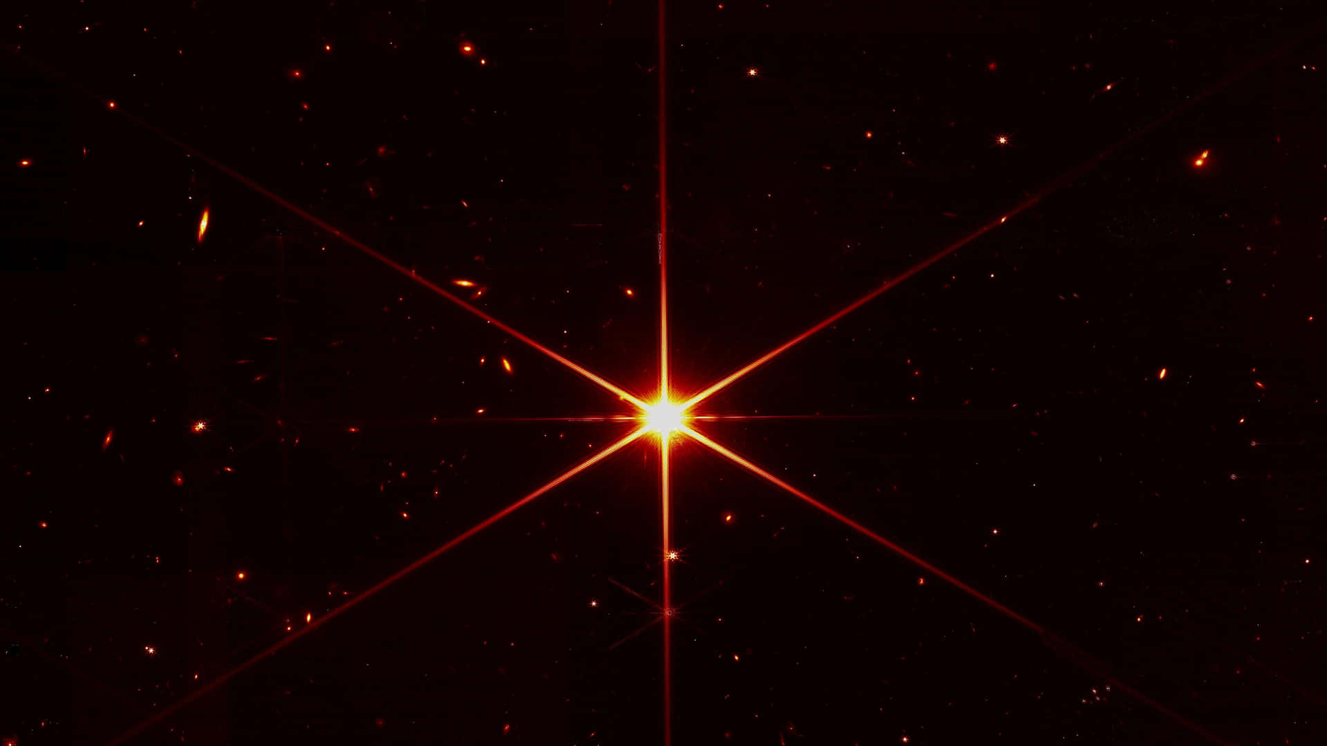 Telescope 桌布 壁紙 — 一顆光芒四射的橙色恆星，帶有尖銳光線，刺穿黑暗的宇宙虛空，點綴著遙遠發光的星系。