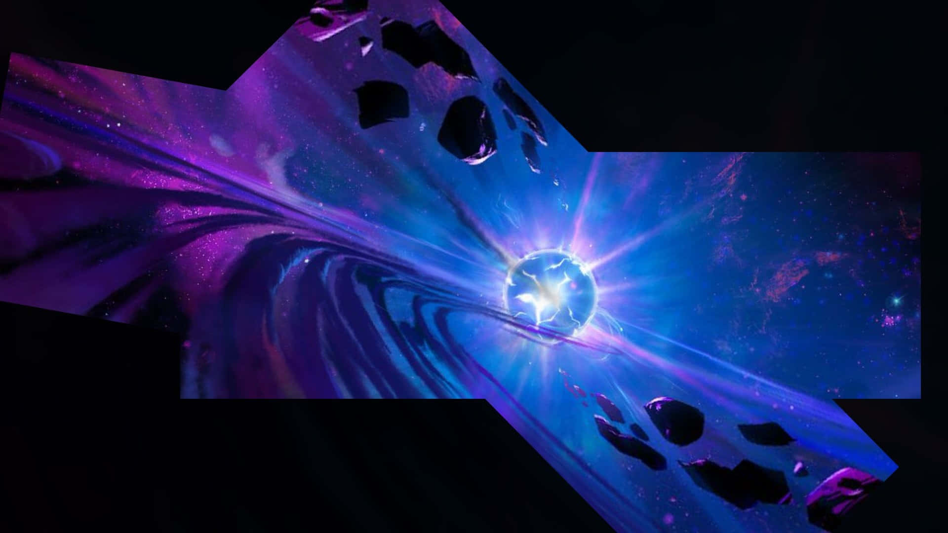 Fortnite Chapter 3 桌布 壁紙 — 一顆光芒四射的藍色恆星在宇宙漩渦的中心脈動，周圍環繞著參差不齊的紫色星雲和漂浮的小行星。