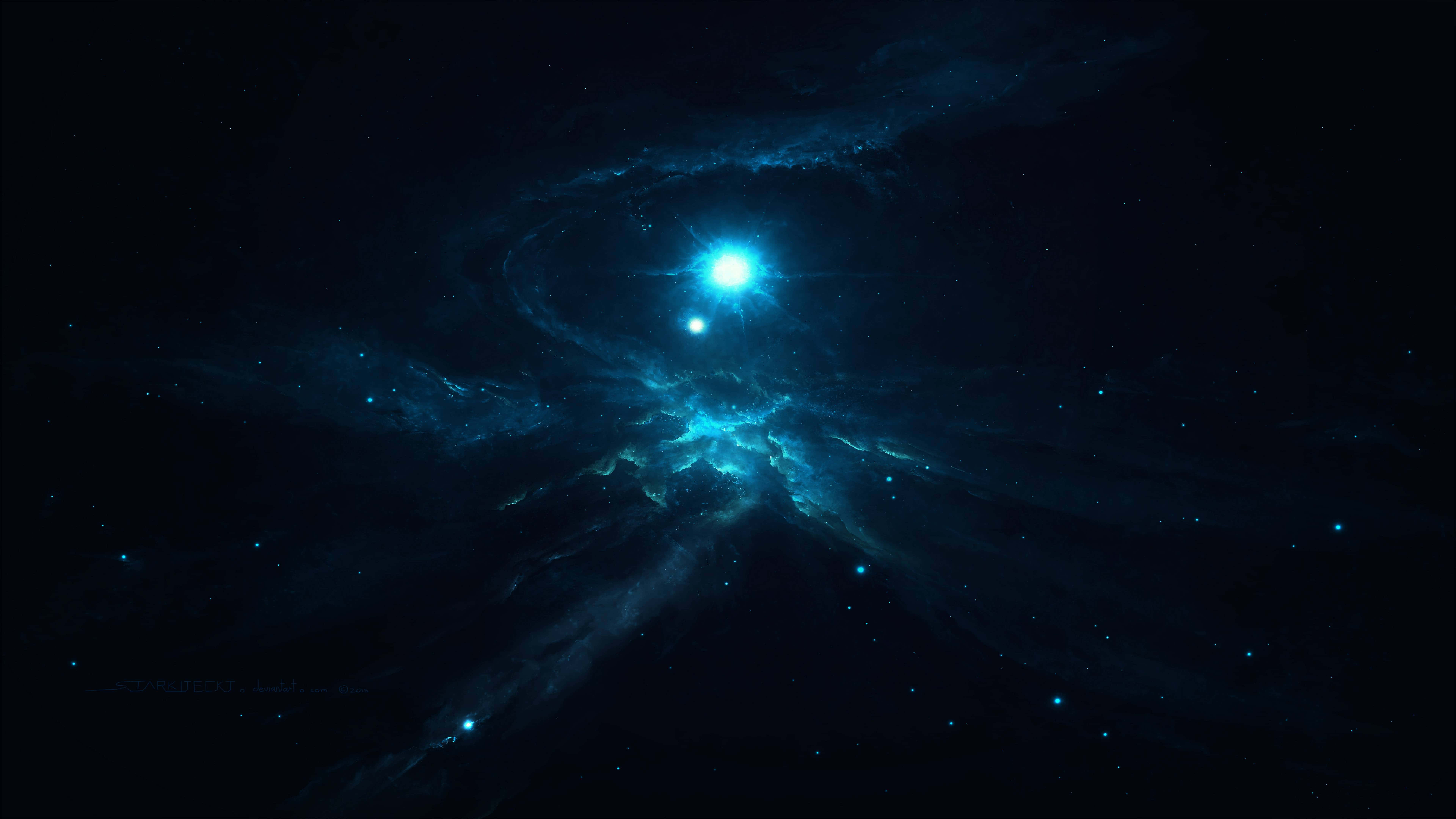桌布 壁紙 — 一顆光芒四射的藍色恆星照亮了旋轉的宇宙雲層，背景是深邃的黑色虛空，點綴著遙遠的星星。