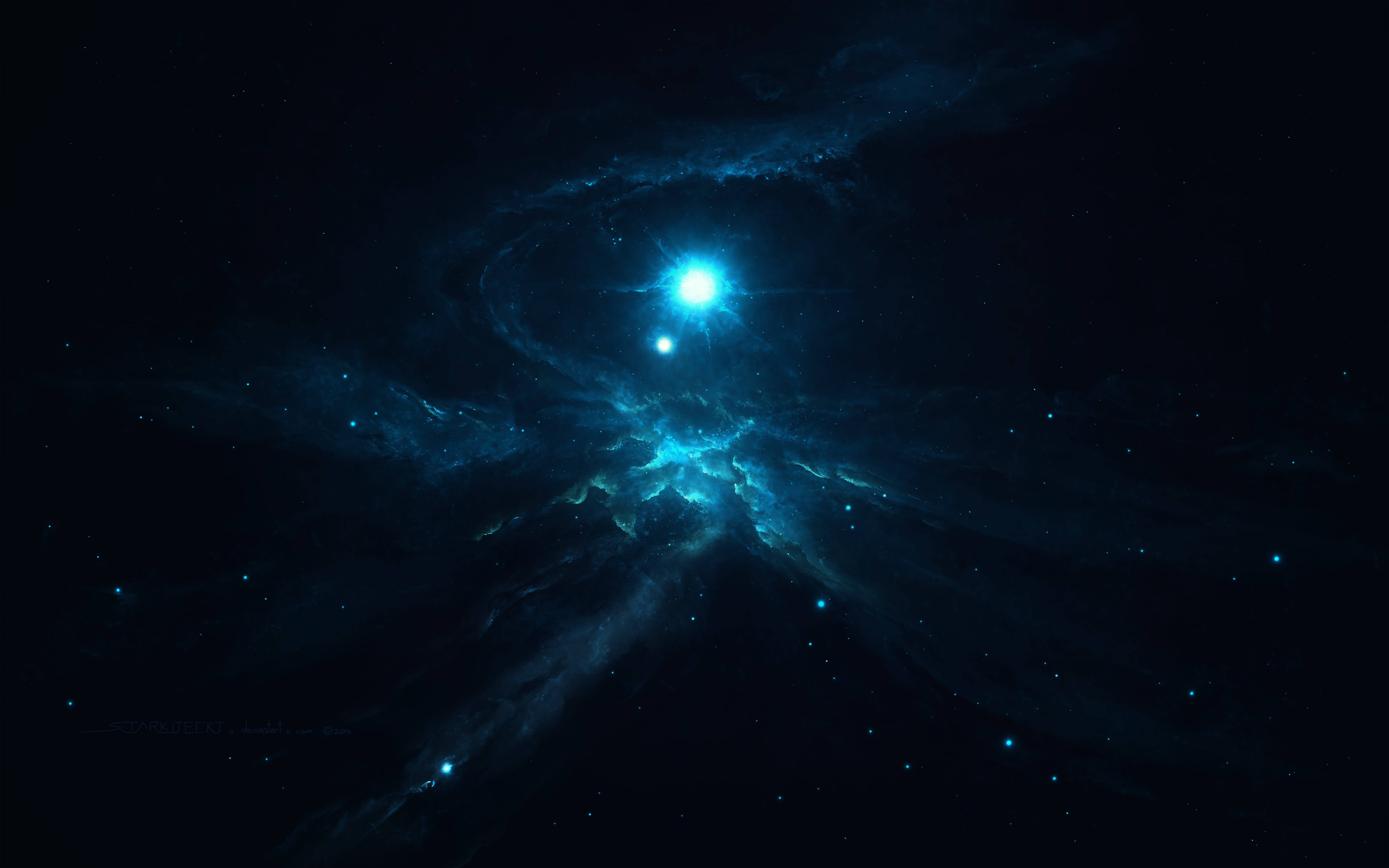 銀河 桌布 壁紙 — 一顆光芒四射的藍色恆星照亮了旋轉的宇宙雲層，背景是深邃的黑色虛空，點綴著遙遠的星星。