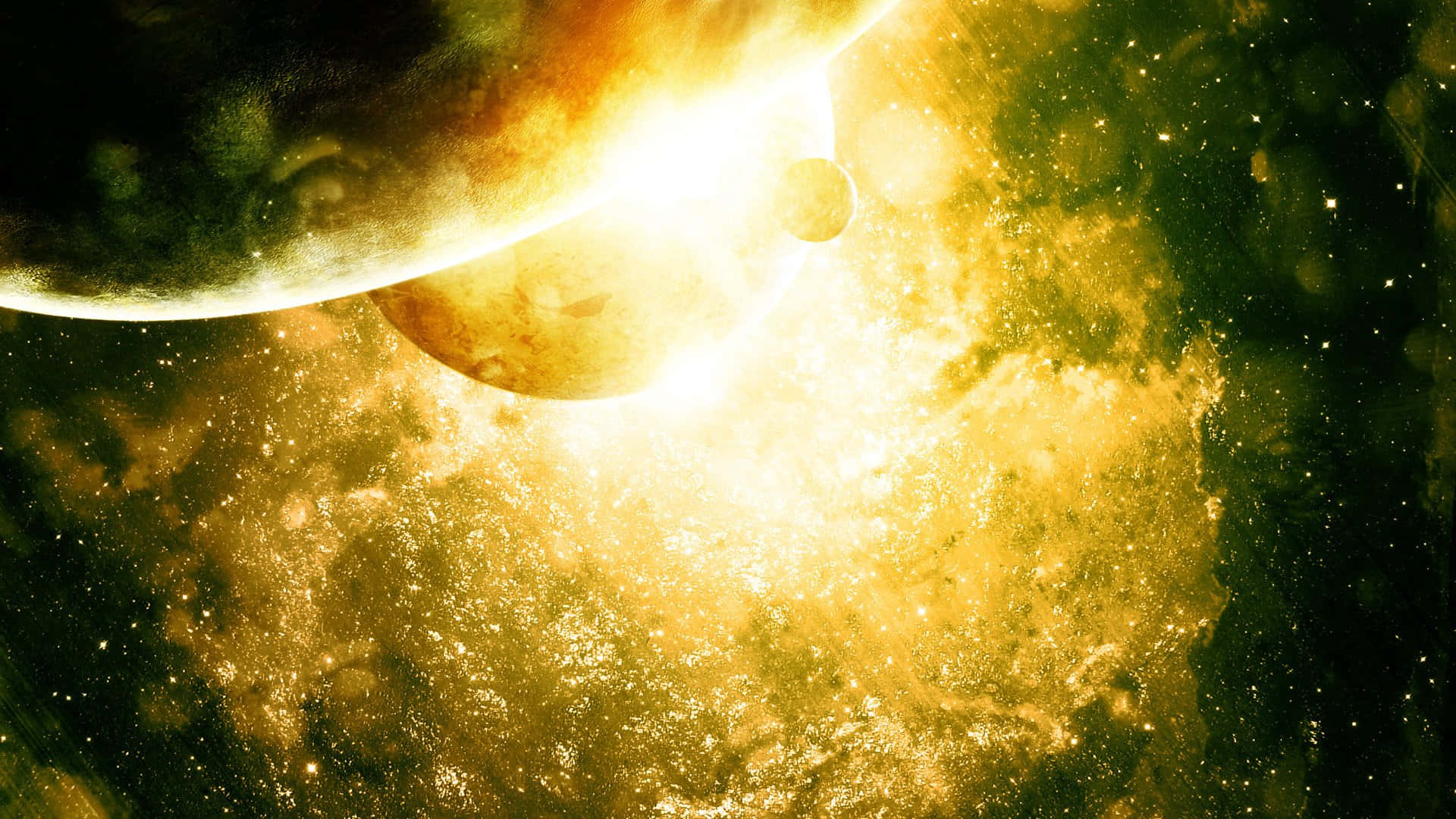Yellow Galaxy 桌布 壁紙 — 一顆光芒四射的金色太陽在行星和月球後方燃燒，周圍是琥珀色和深綠色宇宙塵埃形成的漩渦星雲。