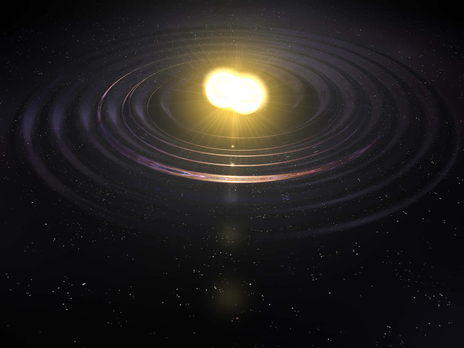 Gravitational Waves 桌布 壁紙 — 一顆光芒四射的黃色恆星在閃爍的同心圓環中心脈動，背景是佈滿星辰的宇宙虛空。