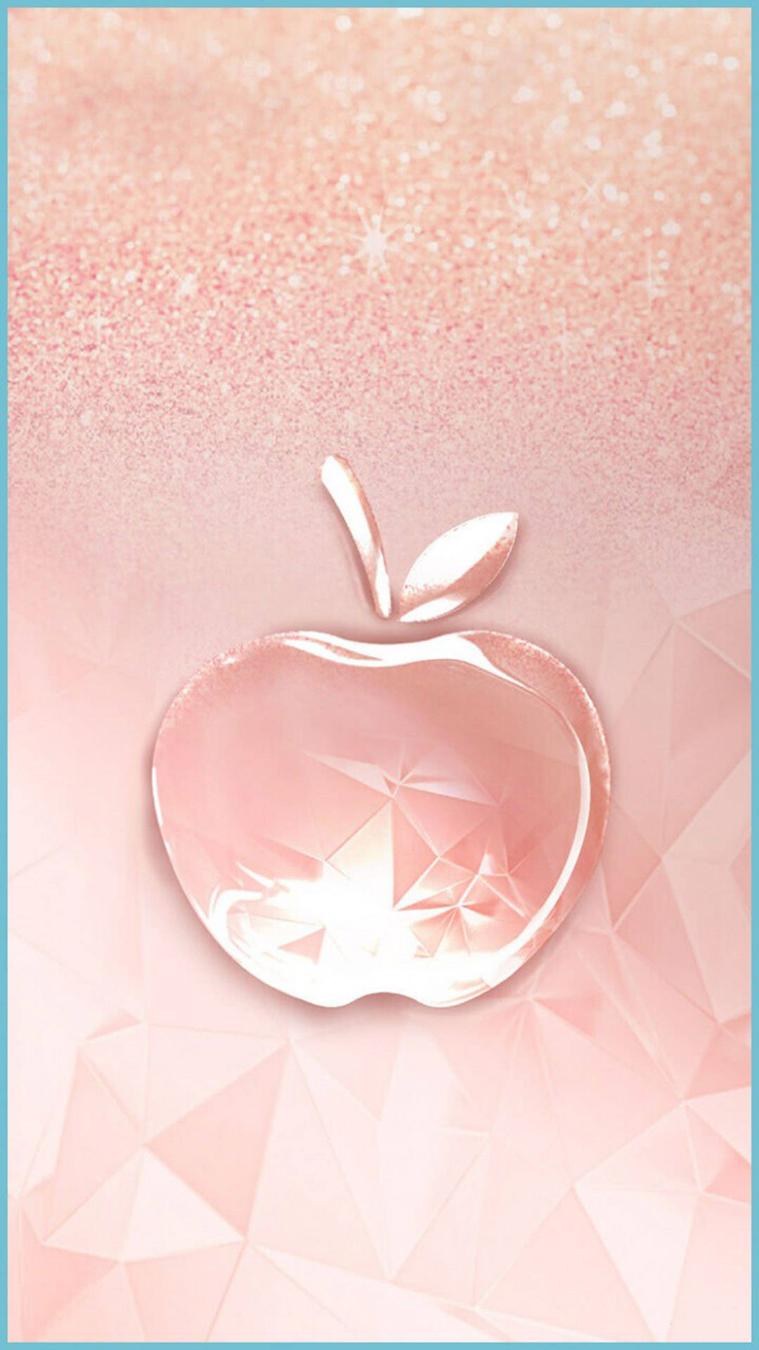 玫瑰金 iPhone 桌布 壁紙 — 一顆切割粉紅鑽石蘋果在閃爍的粉彩粉紅幾何背景上閃耀。