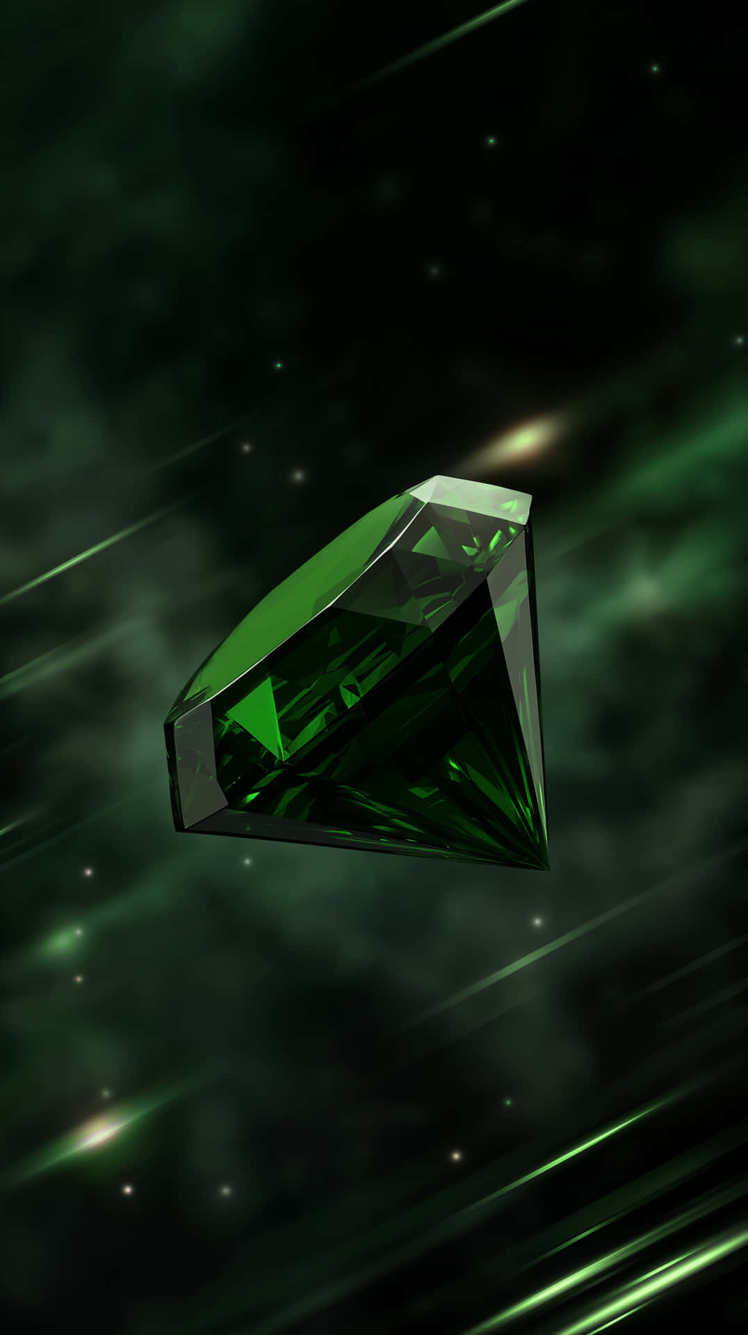 Cosmic Emerald Orb 壁紙 — 一顆切割面綠色寶石漂浮在旋轉的宇宙綠色星雲和發光星跡之中。