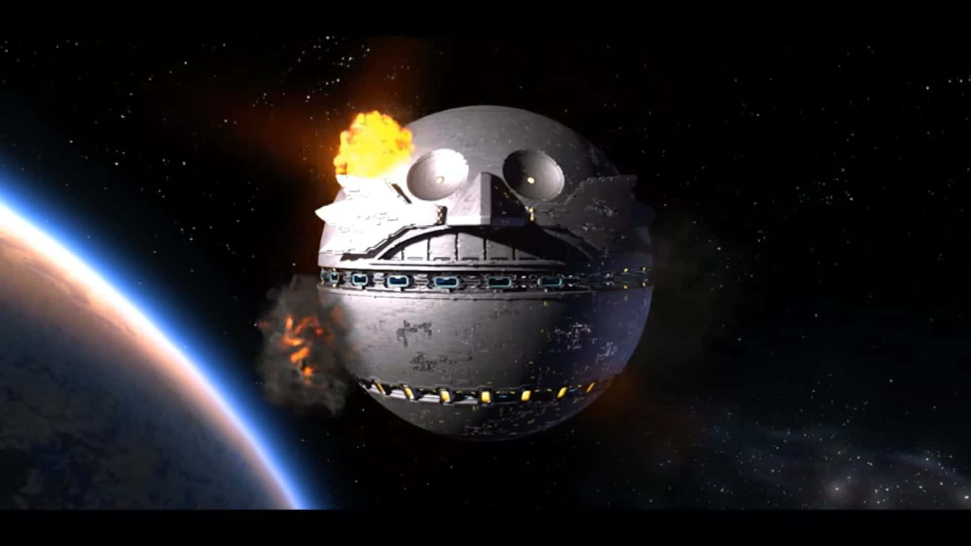 Death Egg 桌布 壁紙 — 一顆受損的死星在太空中的行星彎曲地平線上方爆炸，背景有星星。