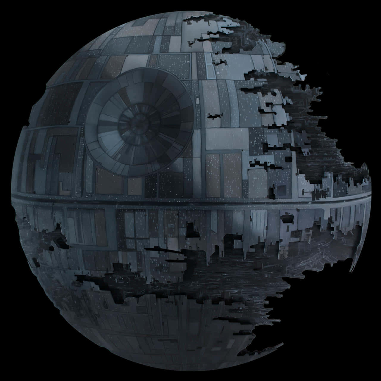 Death Star 桌布 壁紙 — 一顆嚴重受損的死星，帶有鋸齒狀的洞孔和暴露的內部，背景是黑色虛空。