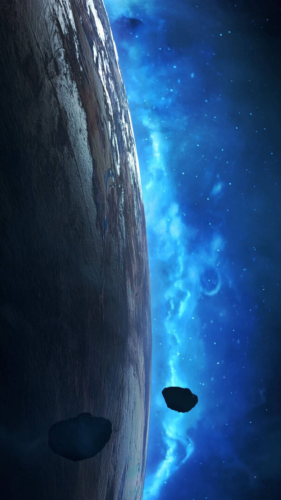太空中，一顆行星附近漂浮著小行星，靠近發光的藍色星雲。 — 安卓手機 GIF 壁紙
