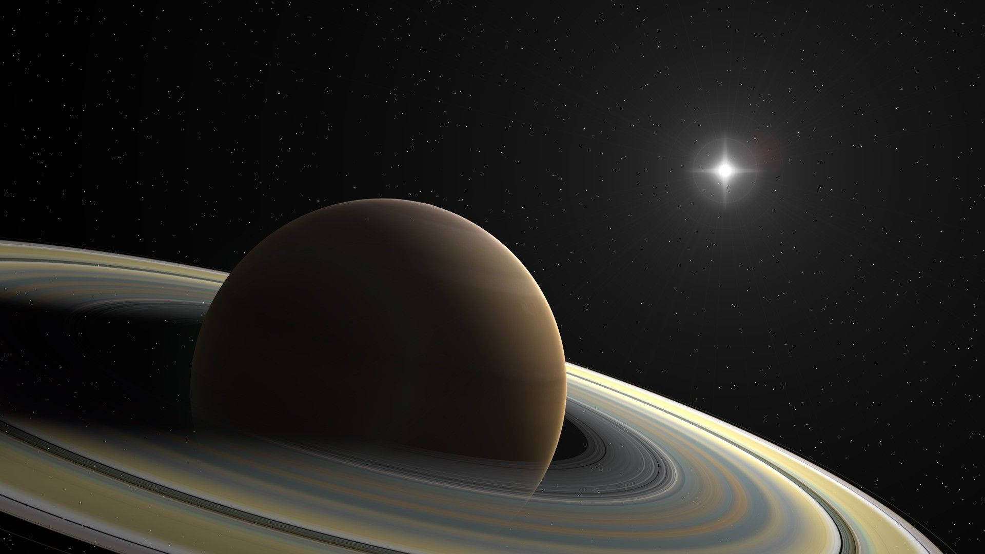 土星 桌布 壁紙 — 一顆壯麗的環狀行星在遙遠的恆星下，在繁星點點的宇宙背景下發光。