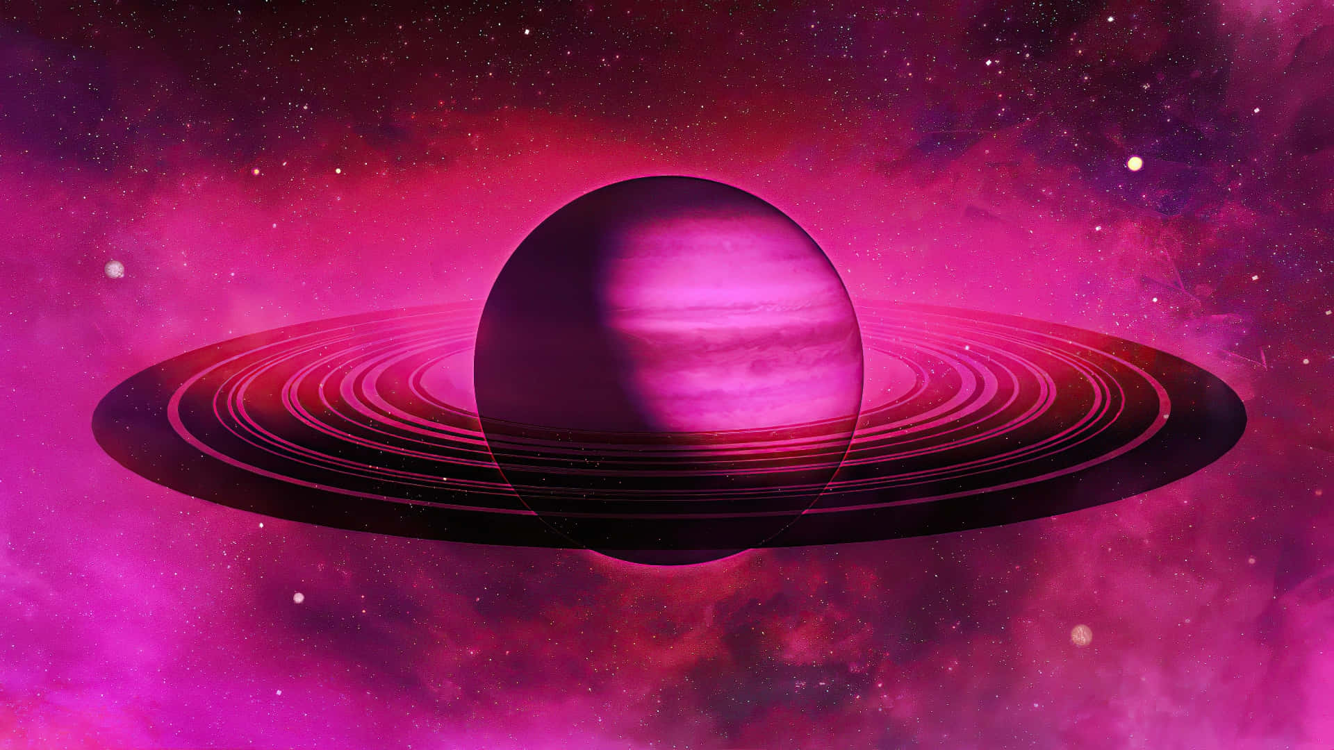 行星動畫 桌布 壁紙 — 一顆壯麗的紫色行星帶著發光的環，漂浮在充滿星光的生動宇宙星雲中。