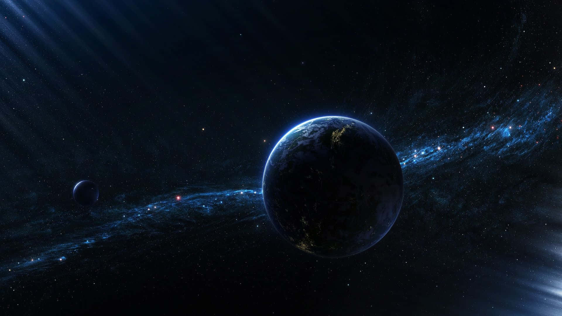 酷炫太空 桌布 壁紙 — 一顆壯麗的藍色行星帶著發光的城市燈光，在充滿活力的宇宙星雲和遙遠的恆星之間運行。