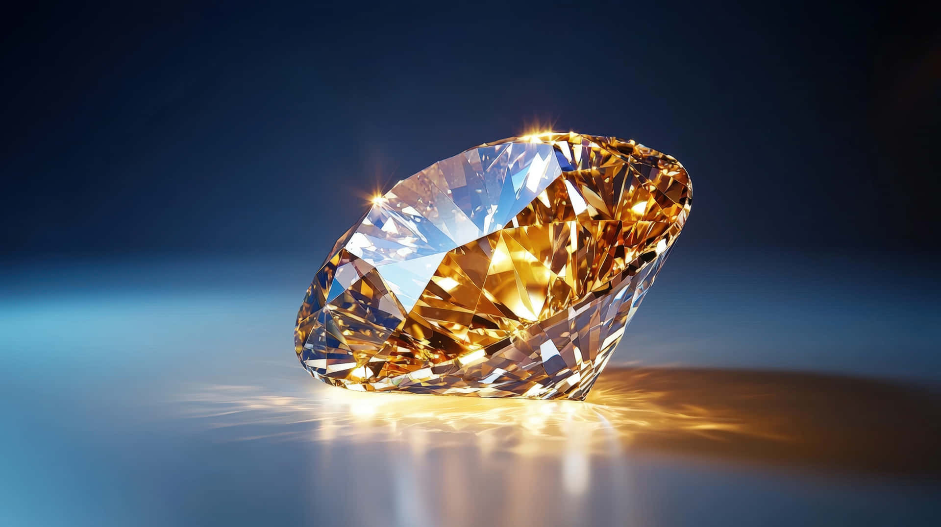 A luxurious golden diamond glows under bright light, symbolizing wealth 壁紙 — 一顆大型切割金色鑽石在深藍色漸變背景上閃爍著溫暖的光芒。