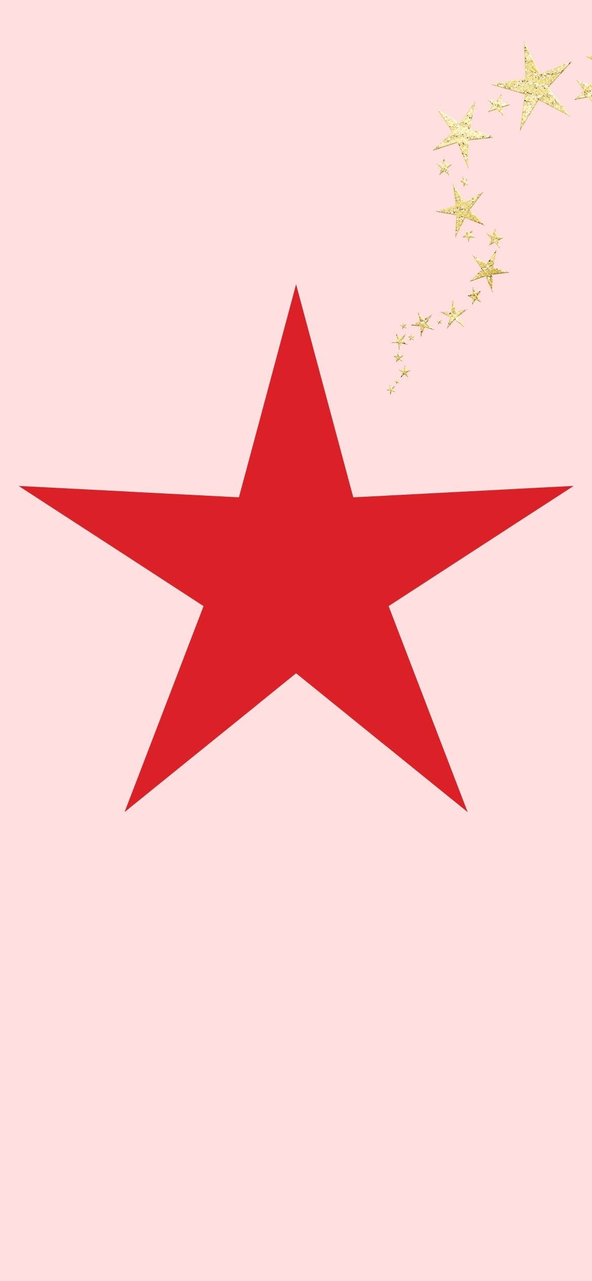 Red Star 桌布 壁紙 — 一顆大膽的紅色星星主宰著柔和的粉紅色背景，一條閃爍的金色星星軌跡沿對角線上升。