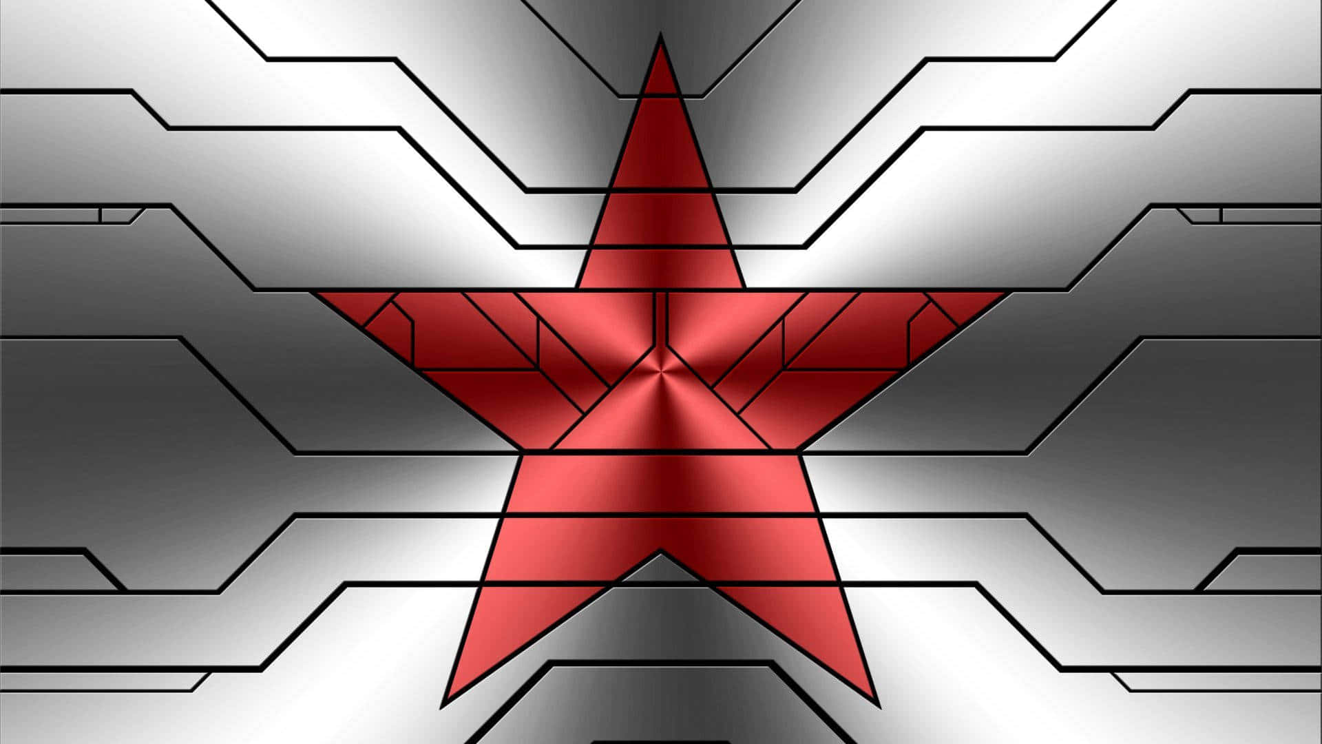 Red Star 桌布 壁紙 — 一顆大膽的紅色金屬星星，置中於未來風格的銀黑幾何背景上，帶有銳利的角線。