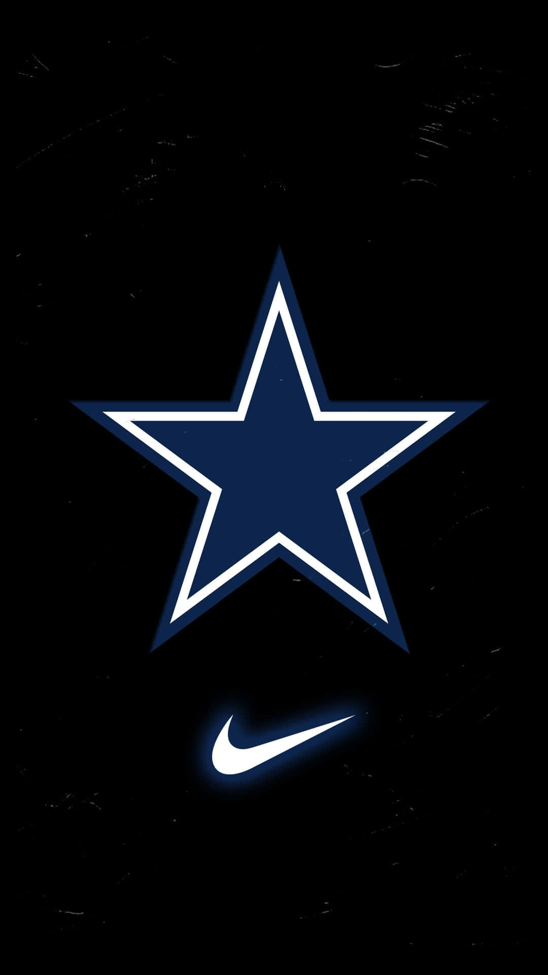 牛仔 桌布 壁紙 — 一顆大膽的藍色星星，帶有白色輪廓和Nike勾勾，在紋理黑色背景上發光。