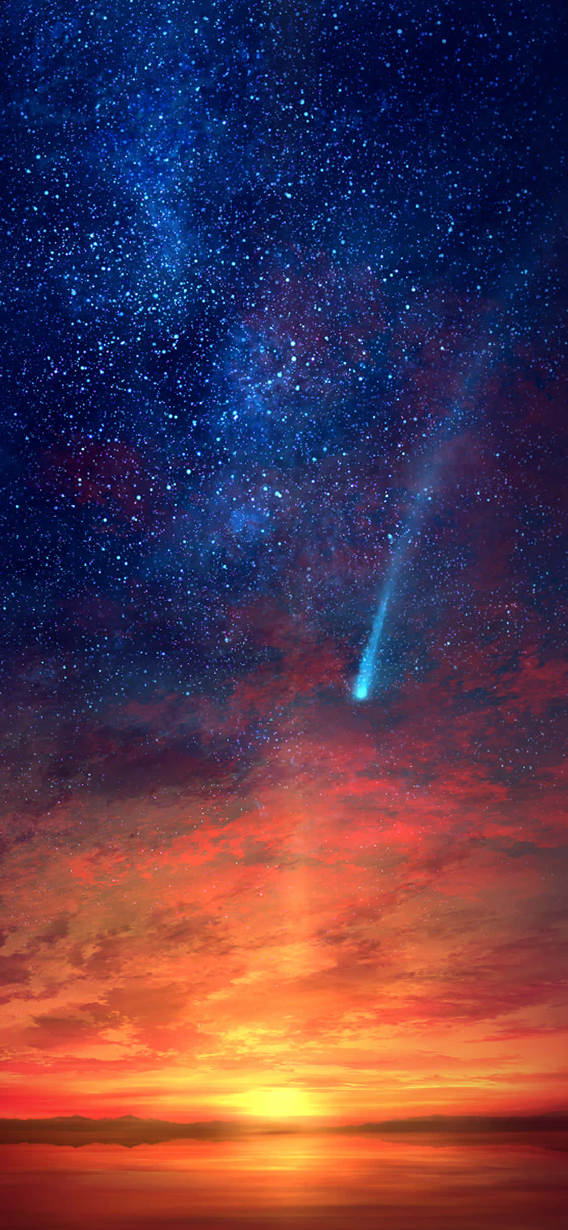 桌布 壁紙 — 一顆天體彗星劃過充滿星星和宇宙雲層的鮮豔日落天空。