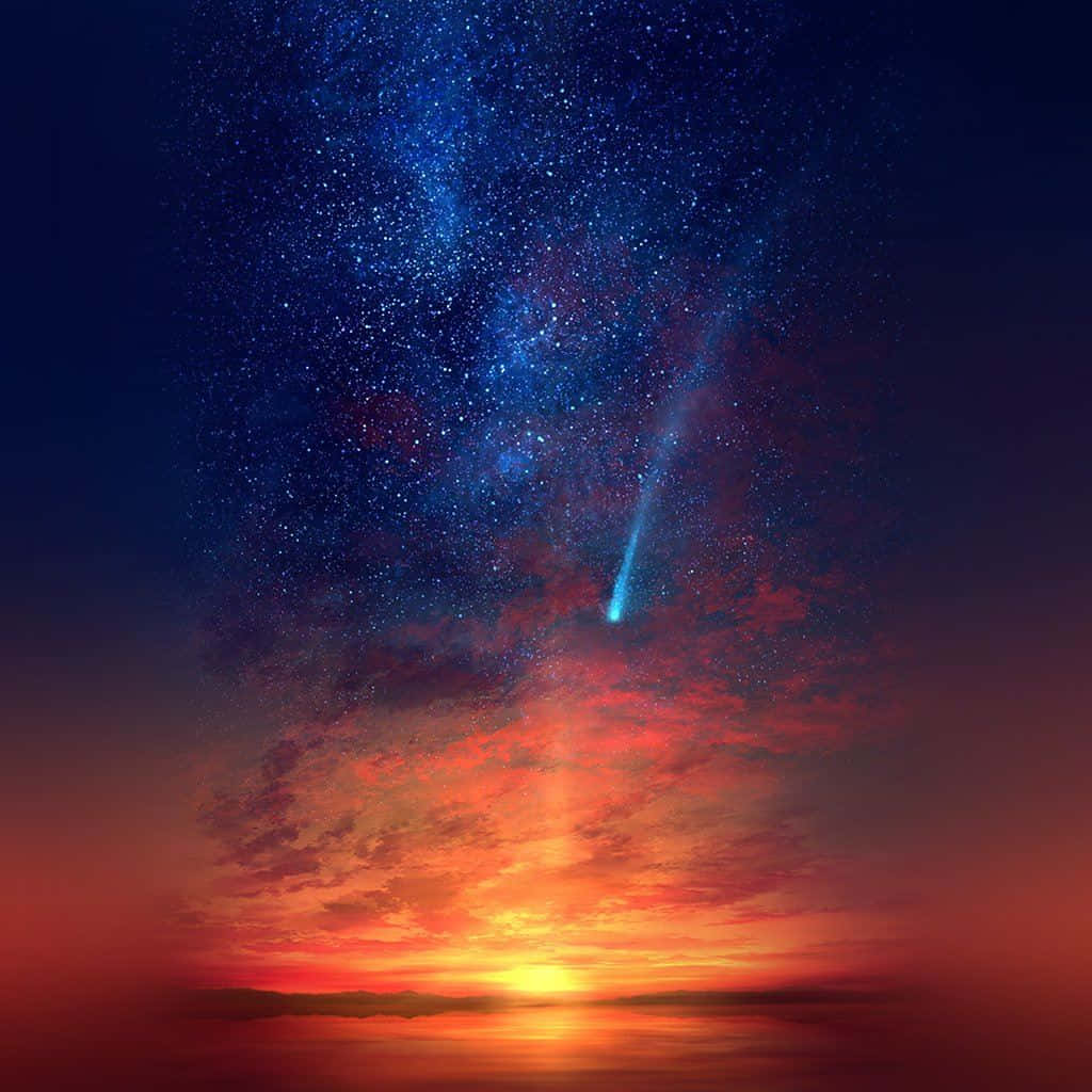 Anime Sky 桌布 壁紙 — 一顆天體彗星在充滿星星的 vibrant 暮色天空中劃過，下方是發光的地平線。