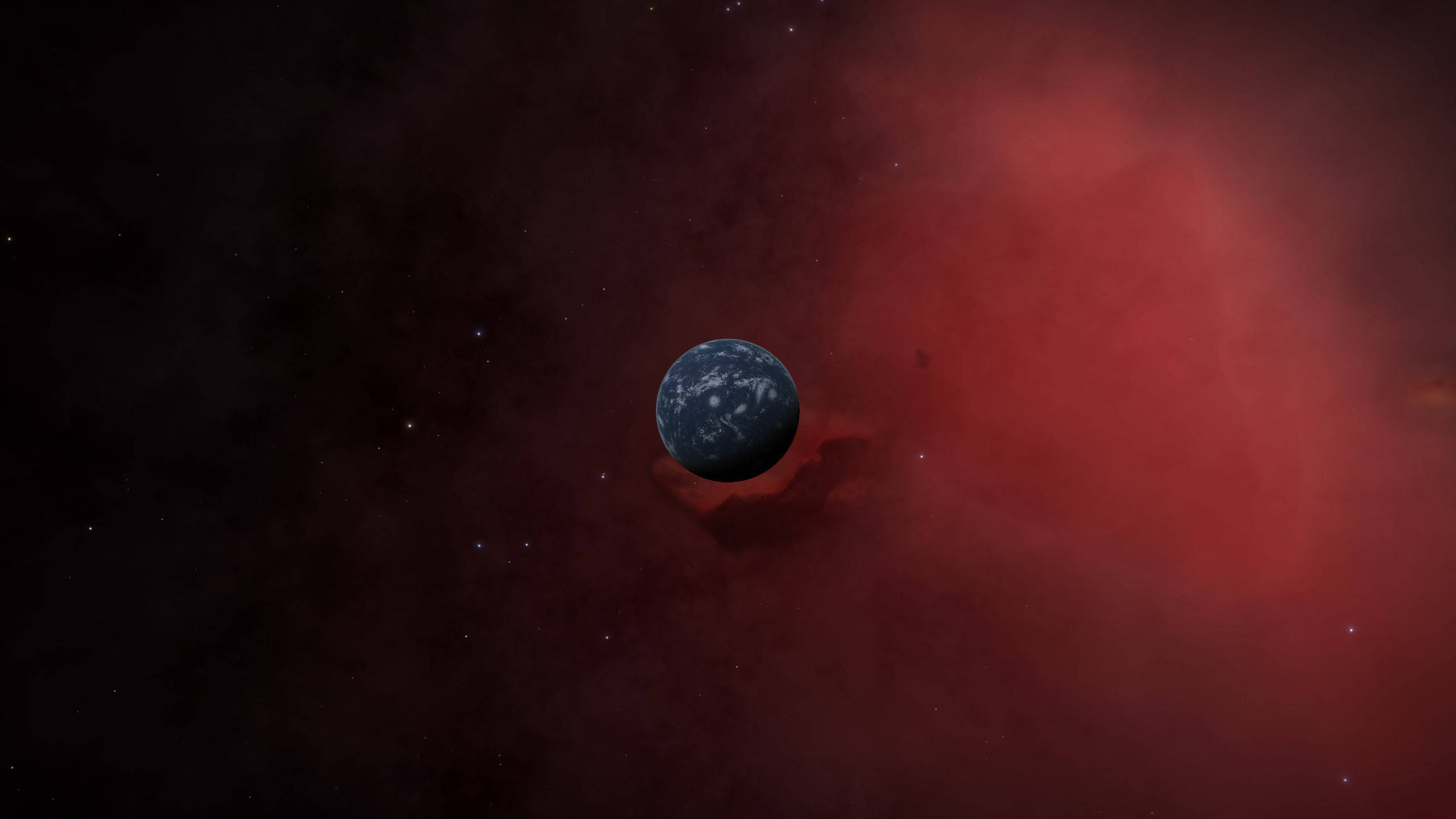 Black Planet 桌布 壁紙 — 一顆孤獨的藍色行星漂浮在廣闊的星雲中，星雲散發著深紅色和黑色的宇宙塵埃光芒。