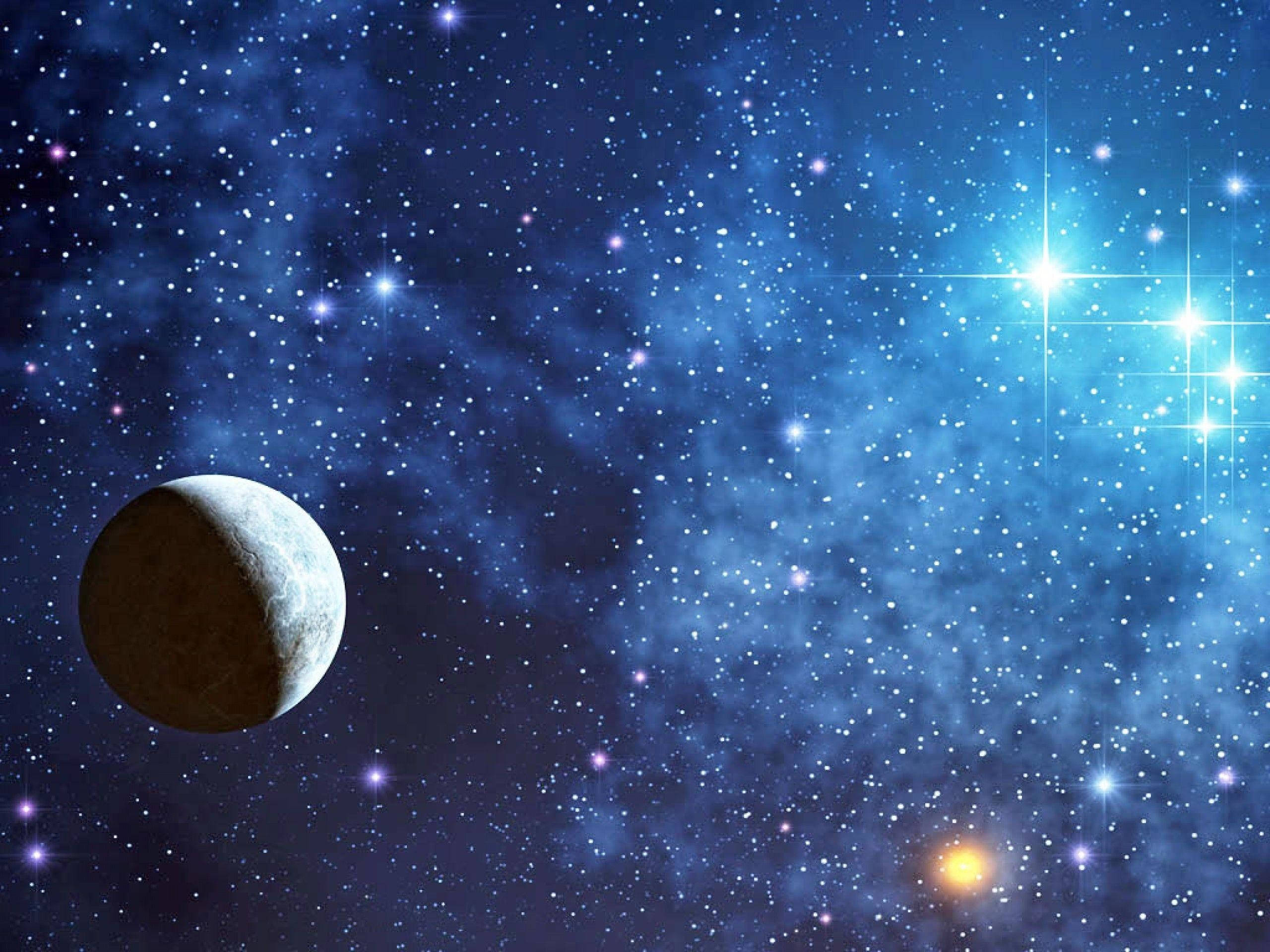 月亮與星星 桌布 壁紙 — 一顆孤獨的行星在充滿閃爍星星和宇宙塵埃的藍色星空中漂流。