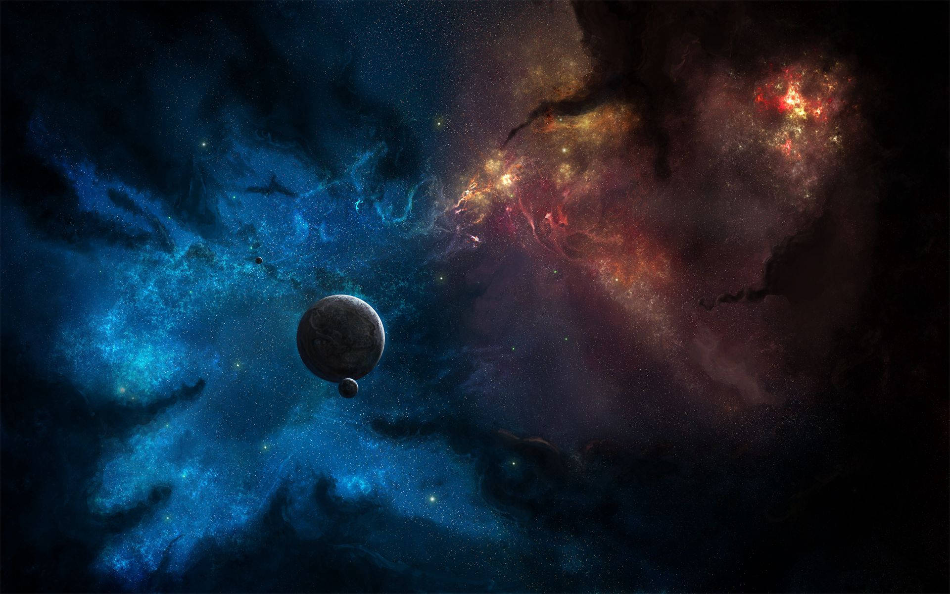 閃電俠 桌布 壁紙 — 一顆孤獨的行星在宇宙星雲中漂流，星雲散發著鮮豔的藍色和火紅色的雲彩，背景是繁星點點的虛空。
