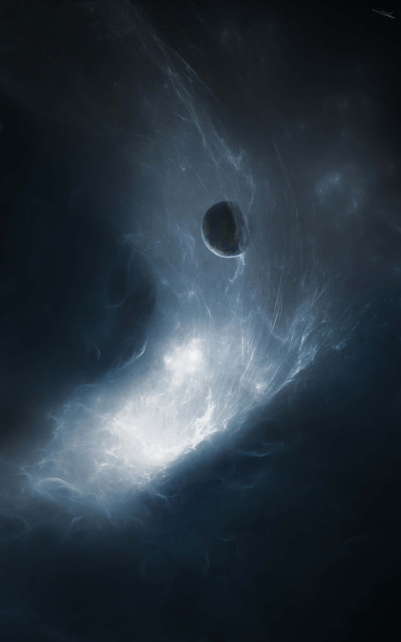 主畫面 桌布 壁紙 — 一顆孤獨的行星在黑暗虛空中，穿過由發光藍白色宇宙塵埃組成的漩渦星雲。