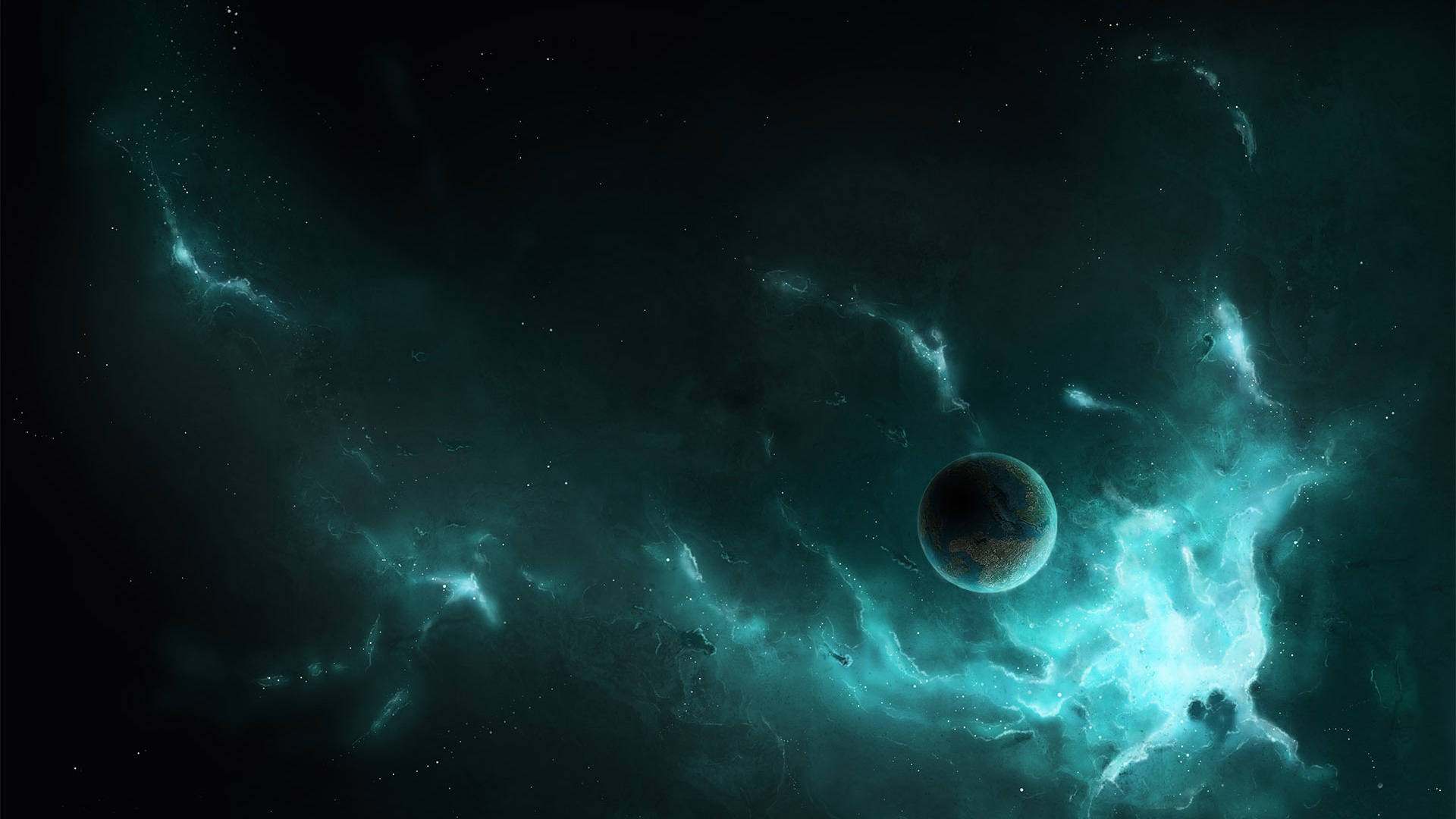 青色GIF 桌布 壁紙 — 一顆孤獨的行星漂浮在旋轉的藍綠色和黑色宇宙星雲中，下方是星光虛空。