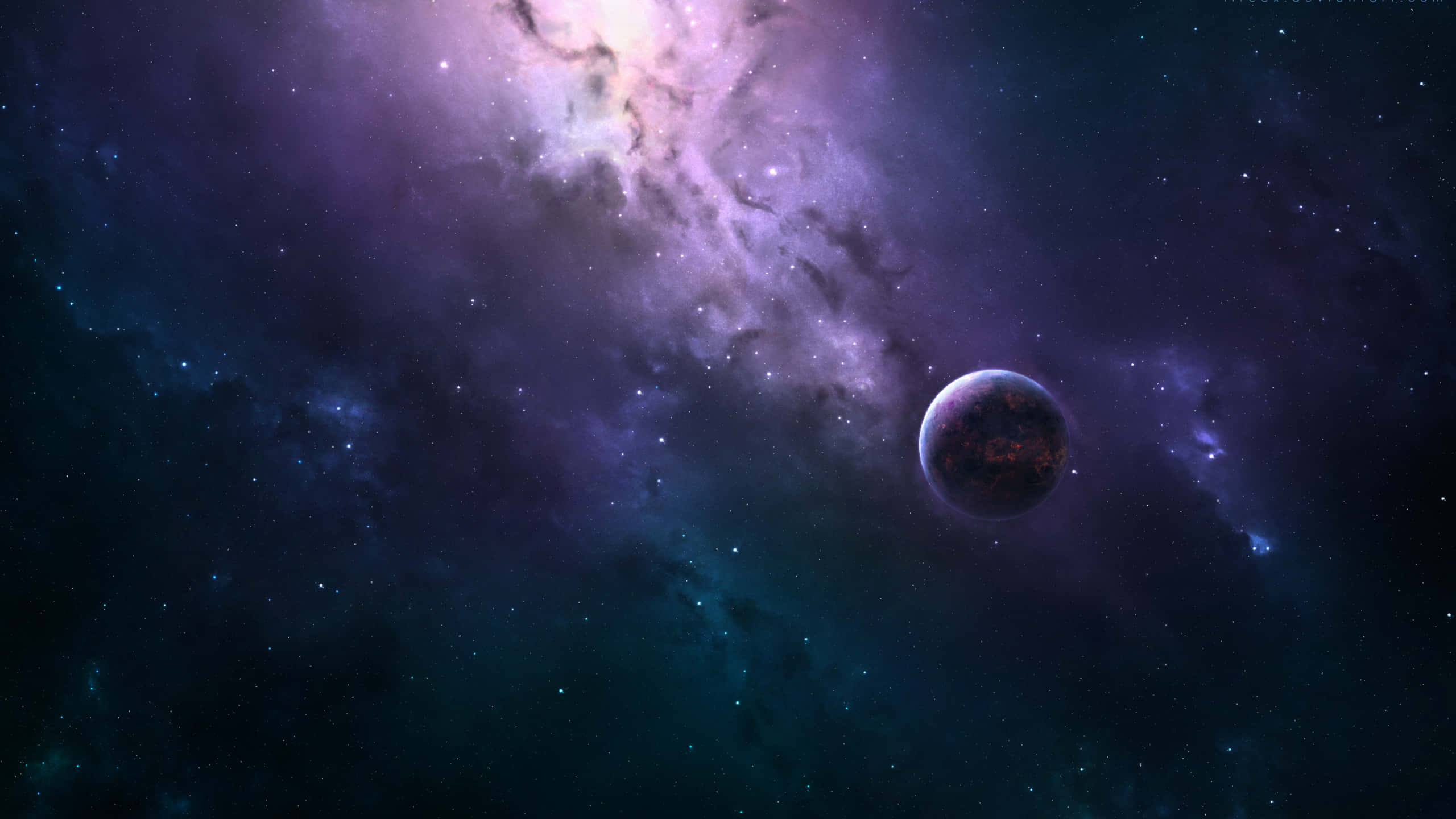 1440p Space 桌布 壁紙 — 一顆孤獨的行星飄過充滿閃爍星星的鮮豔紫色和藍綠色星雲。