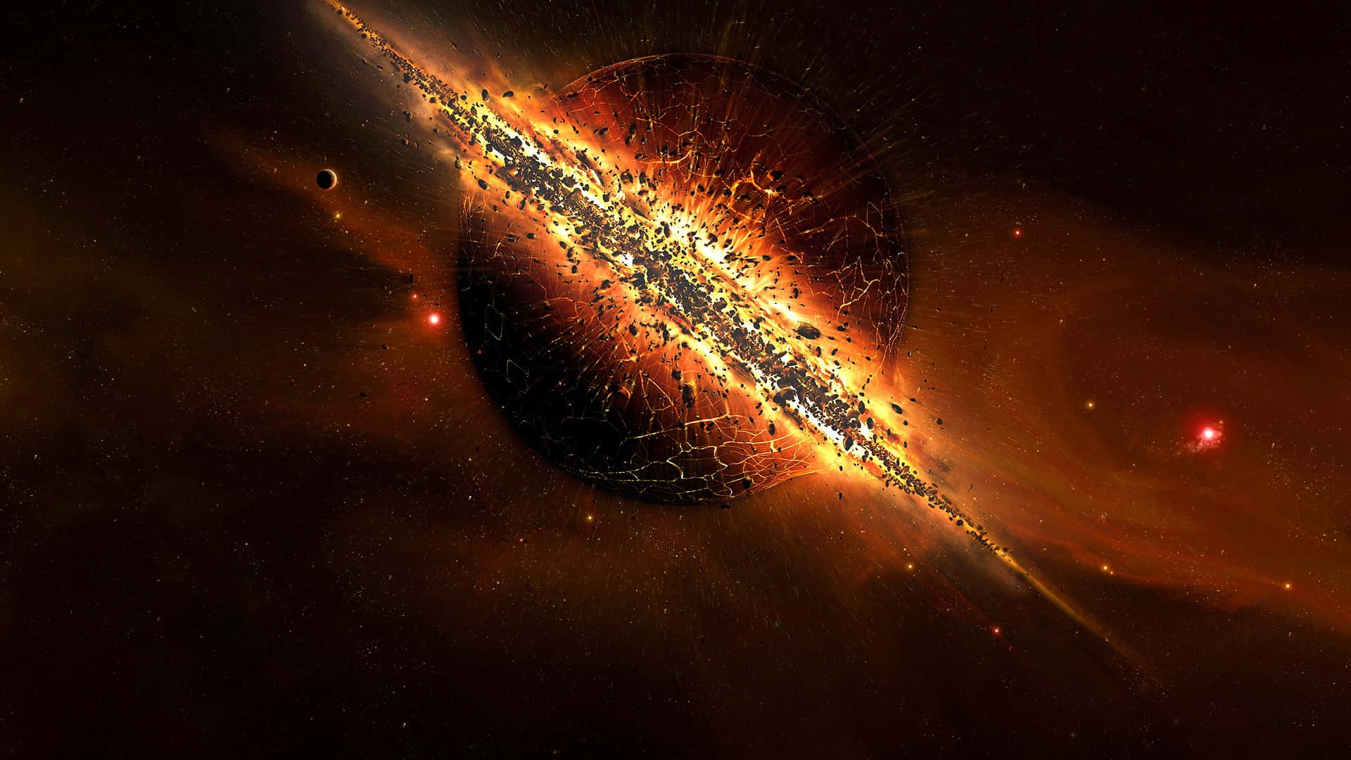 太空美學動圖 桌布 壁紙 — 一顆宇宙行星在佈滿星星的虛空中碎裂成熾熱的碎片，伴隨著發光的星雲和遙遠的紅色恆星。