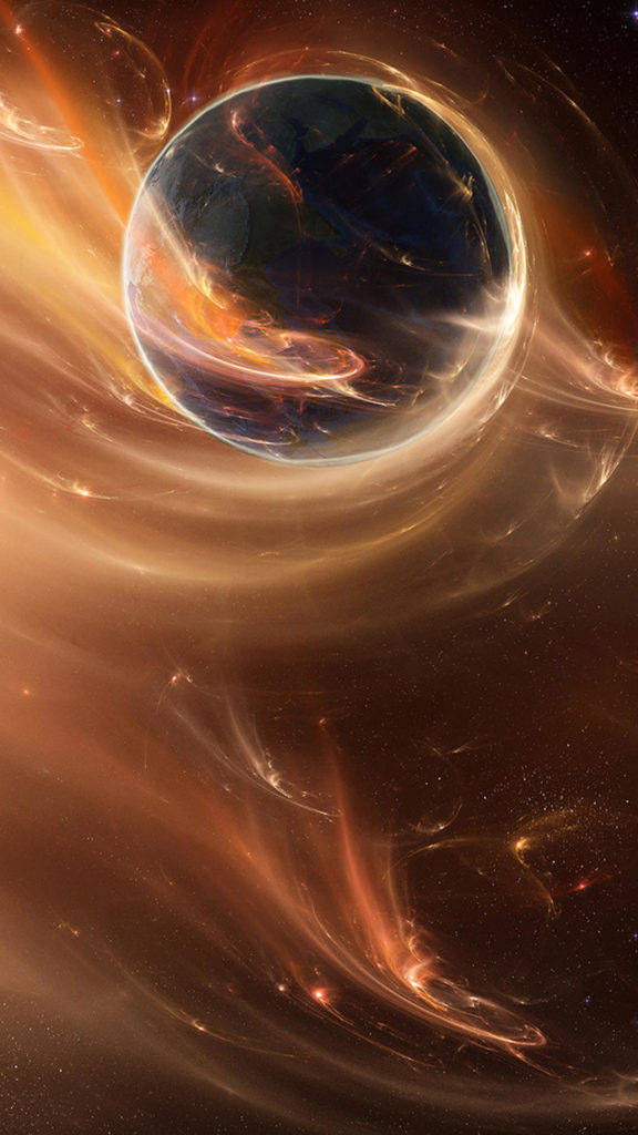 太空 iPhone 桌布 壁紙 — 一顆宇宙行星被旋轉的金色和橙色星雲環繞，背景是繁星點點的黑暗太空。