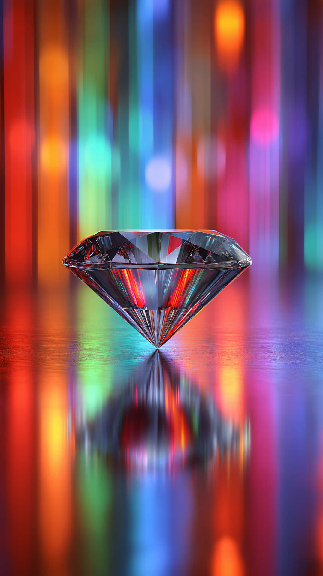 Diamond on Reflective Surface 壁紙 — 一顆完美無瑕的鑽石在充滿活力的彩虹光束下閃耀，在光滑的表面上投射出色彩繽紛的倒影。