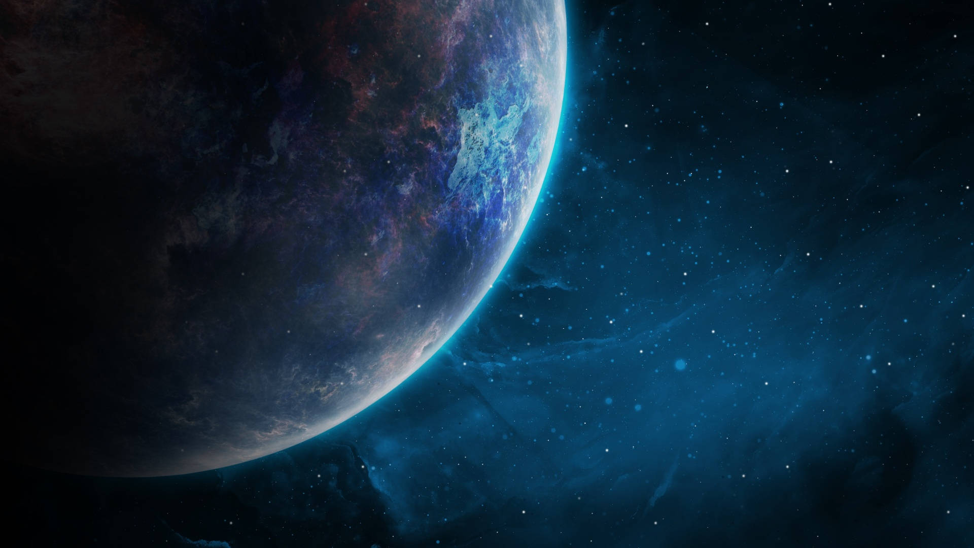 宇宙美學 桌布 壁紙 — 一顆宏偉的外星行星，帶有旋轉的藍色和紫色雲層，在深空的星場中閃耀。