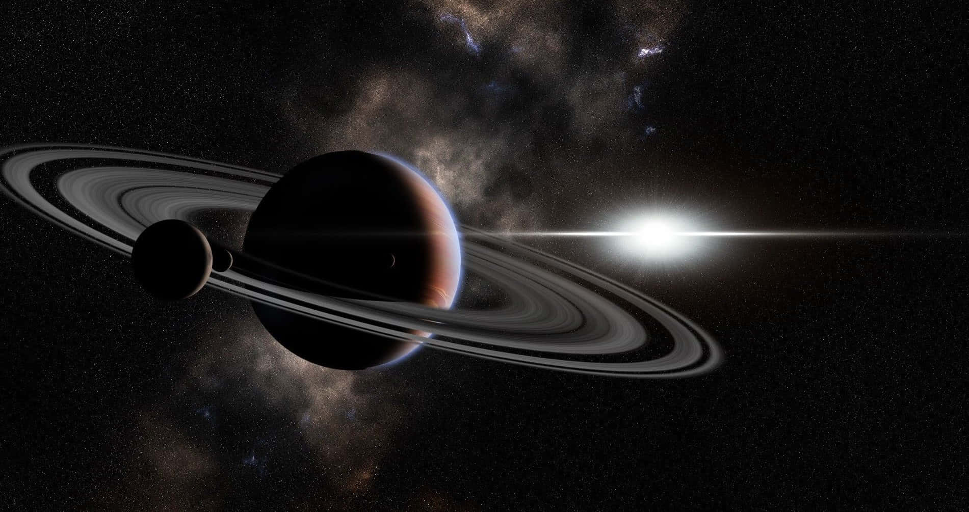 土星 桌布 壁紙 — 一顆宏偉的環狀行星，一道發光的太陽光束穿過宇宙塵埃和遙遠的恆星。