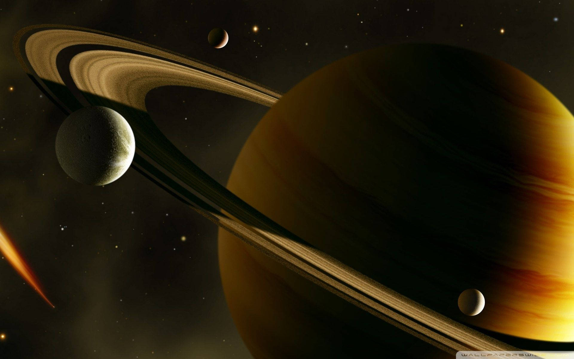 土星 桌布 壁紙 — 一顆宏偉的環狀行星，帶有旋轉的帶狀和衛星，在繁星點點的宇宙背景下溫暖地發光。