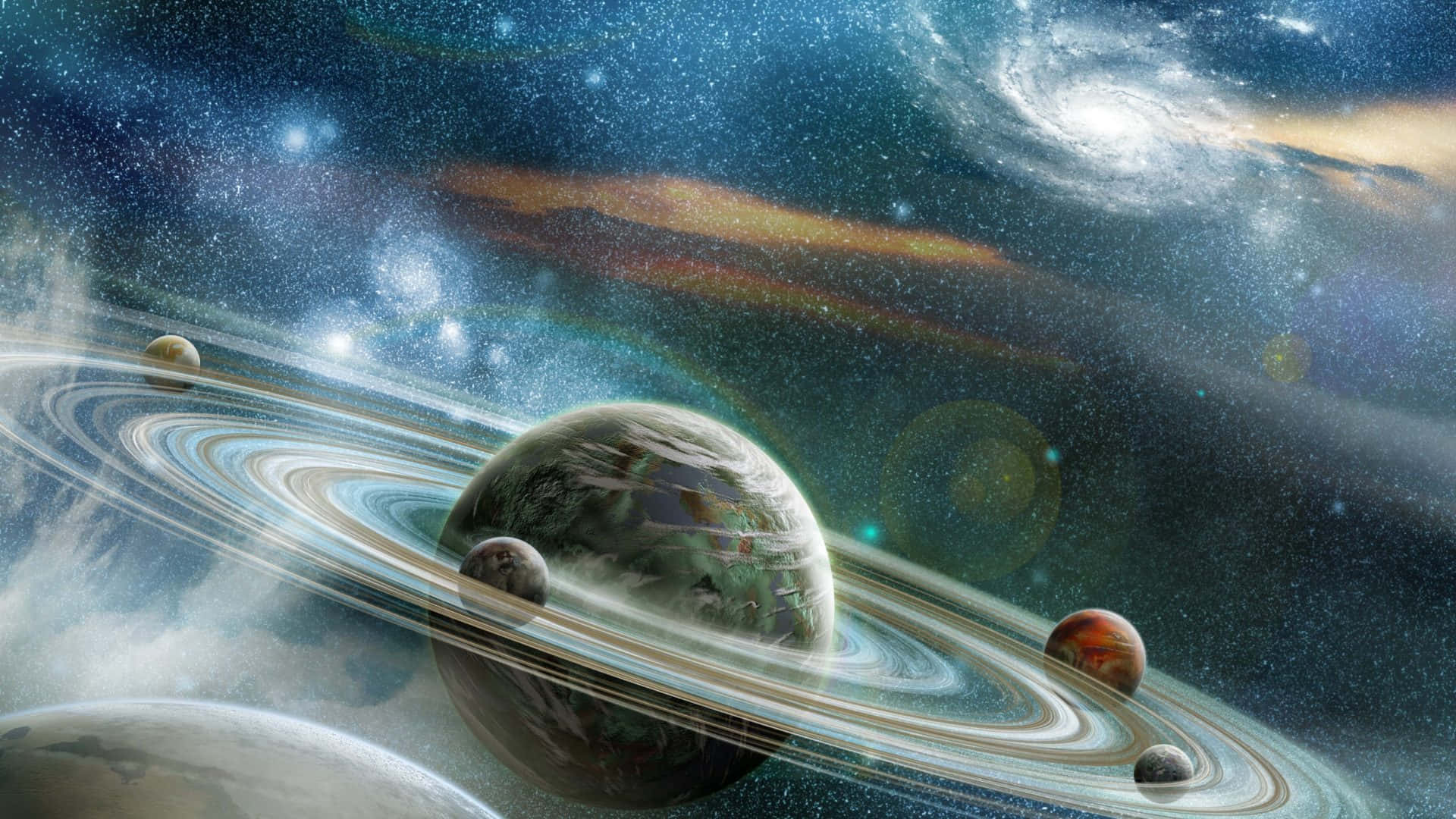 Space Desktop 桌布 壁紙 — 一顆宏偉的環狀行星，帶有旋轉的雲層和衛星，在充滿活力的宇宙星雲和遙遠星系之間運行。