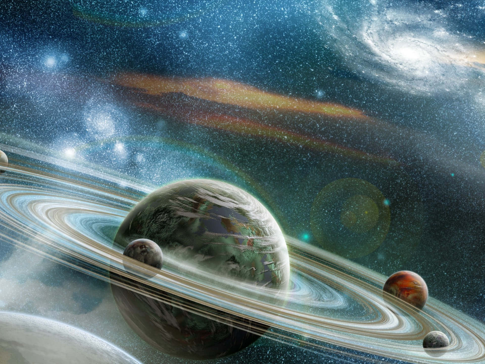桌布 壁紙 — 一顆宏偉的環狀行星，帶有旋轉的雲層和衛星，在充滿活力的宇宙星雲和遙遠的螺旋星系之間運行。